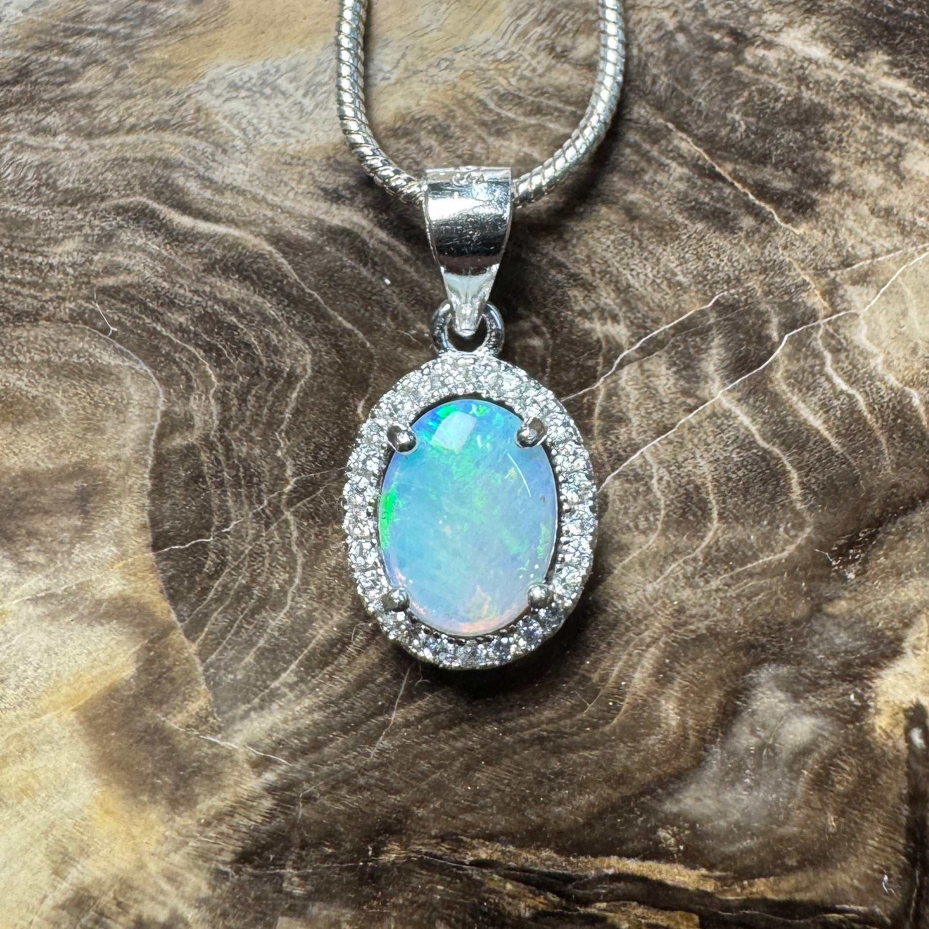 Blue Ridge Flame ~ 0.9ct Solid Lightning Ridge Opal and Cubic Zirconia 925 Sterling Silver Necklace