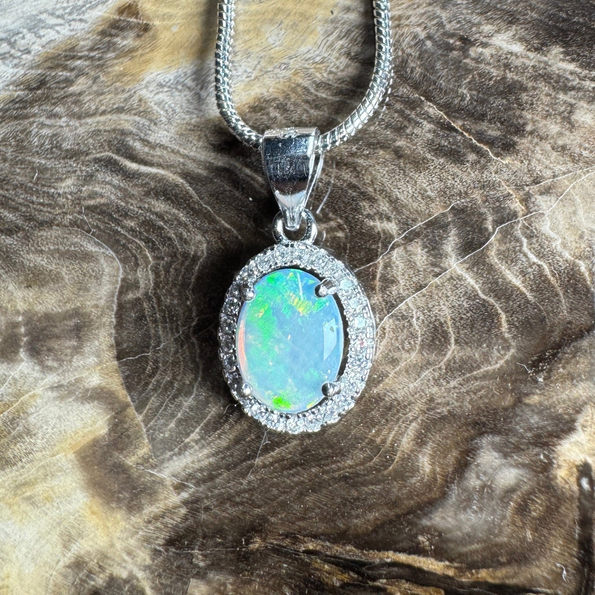 Blue Ridge Flame ~ 0.9ct Solid Lightning Ridge Opal and Cubic Zirconia 925 Sterling Silver Necklace
