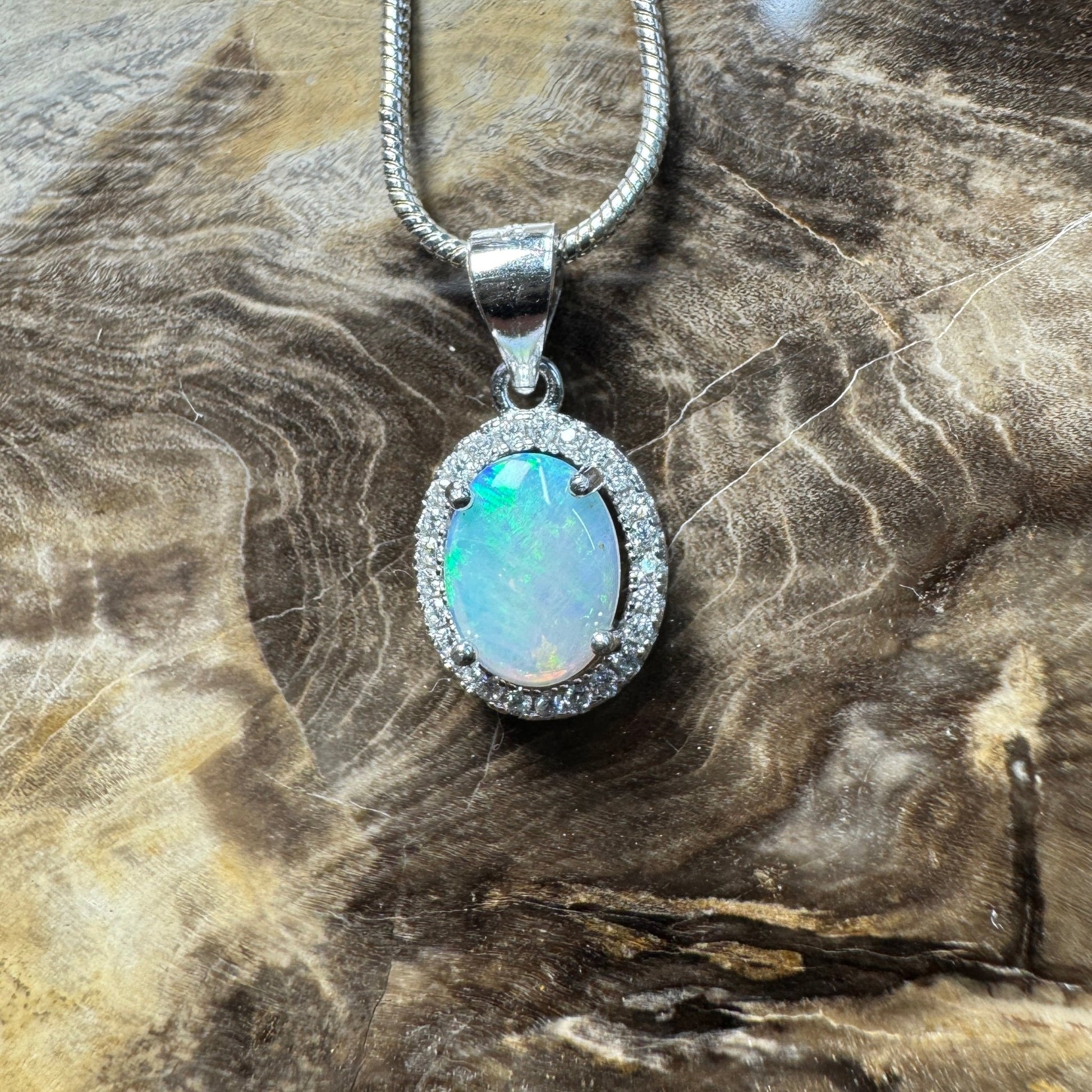 Blue Ridge Flame ~ 0.9ct Solid Lightning Ridge Opal and Cubic Zirconia 925 Sterling Silver Necklace