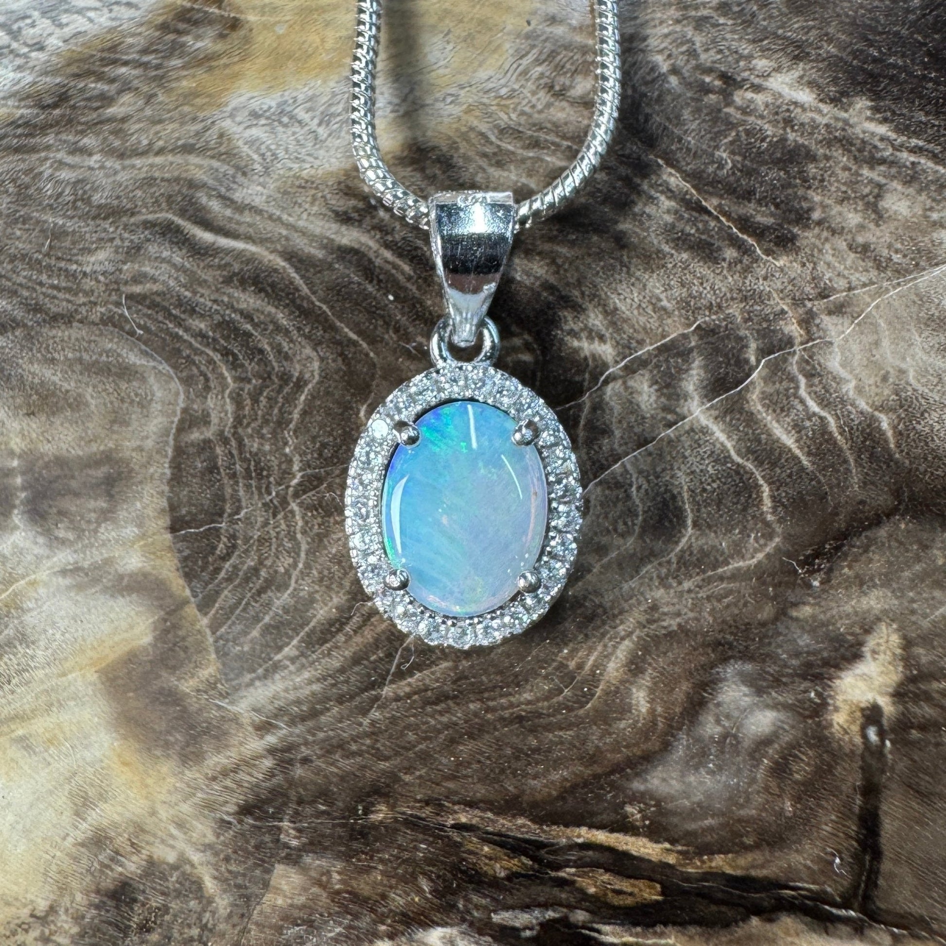 Blue Ridge Flame ~ 0.9ct Solid Lightning Ridge Opal and Cubic Zirconia 925 Sterling Silver Necklace