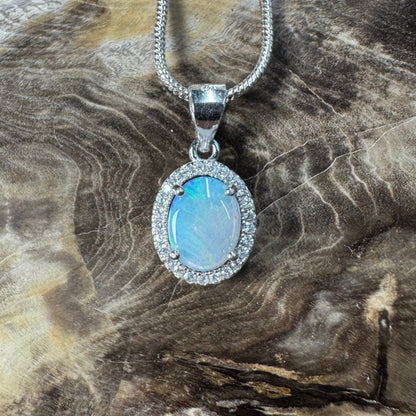 Blue Ridge Flame ~ 0.9ct Solid Lightning Ridge Opal and Cubic Zirconia 925 Sterling Silver Necklace