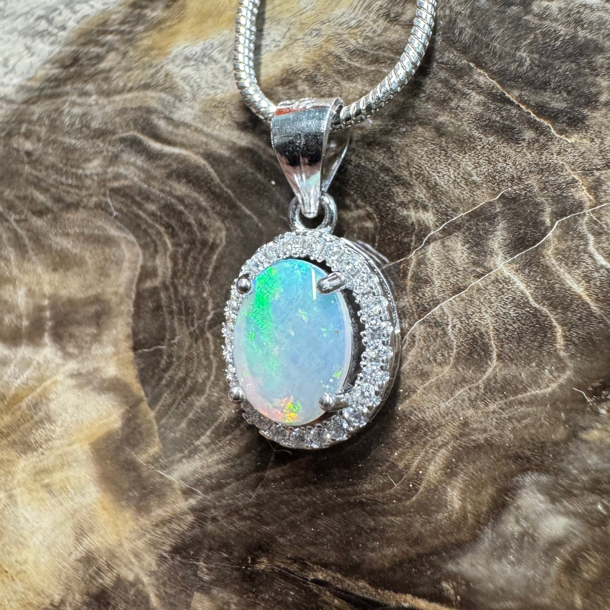 Blue Ridge Flame ~ 0.9ct Solid Lightning Ridge Opal and Cubic Zirconia 925 Sterling Silver Necklace