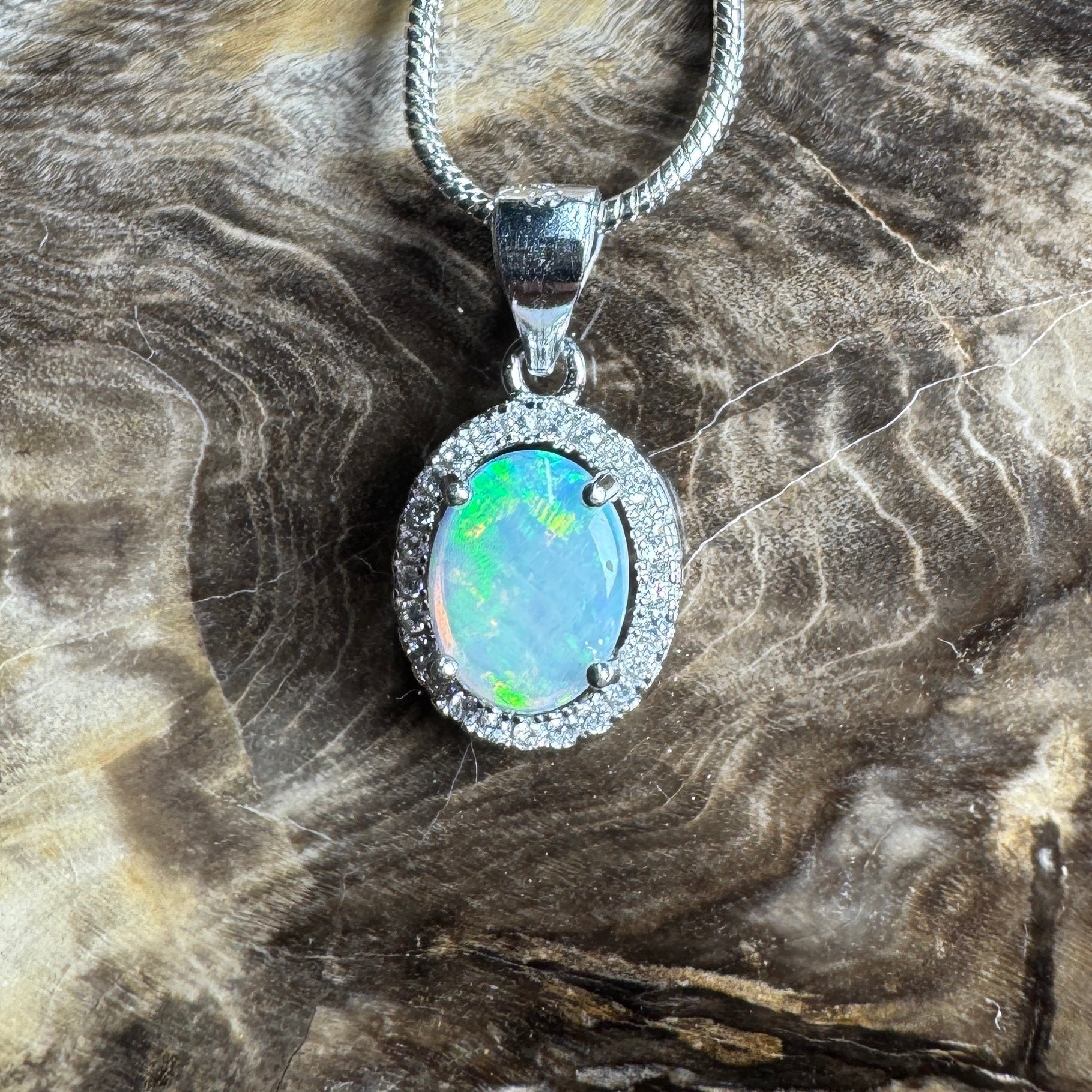 Blue Ridge Flame ~ 0.9ct Solid Lightning Ridge Opal and Cubic Zirconia 925 Sterling Silver Necklace