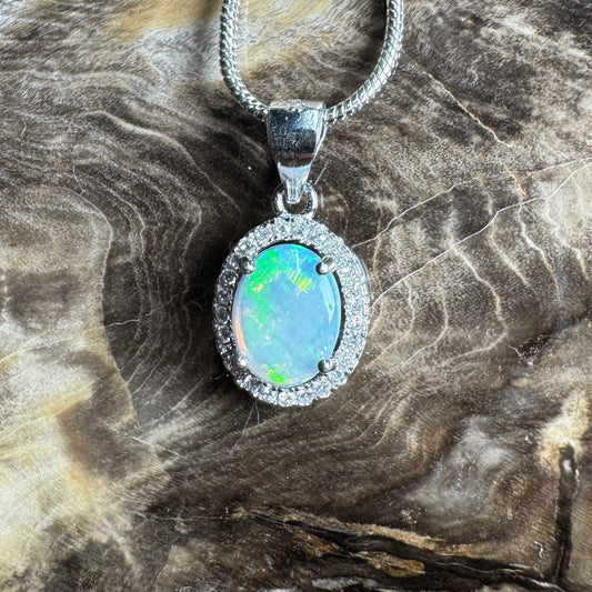 Blue Ridge Flame ~ 0.9ct Solid Lightning Ridge Opal and Cubic Zirconia 925 Sterling Silver Necklace