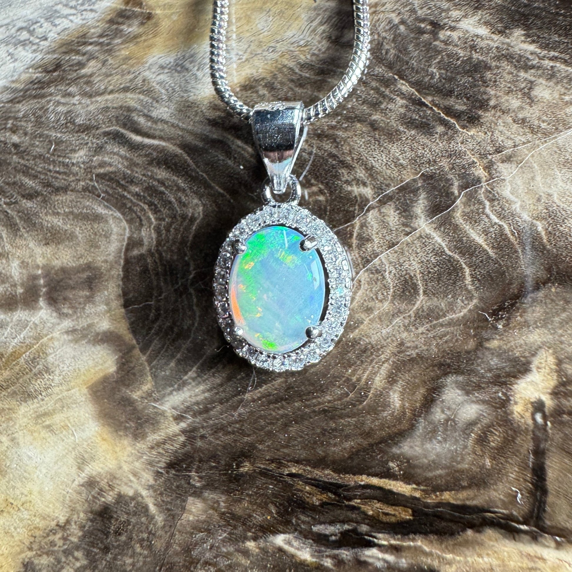 Blue Ridge Flame ~ 0.9ct Solid Lightning Ridge Opal and Cubic Zirconia 925 Sterling Silver Necklace