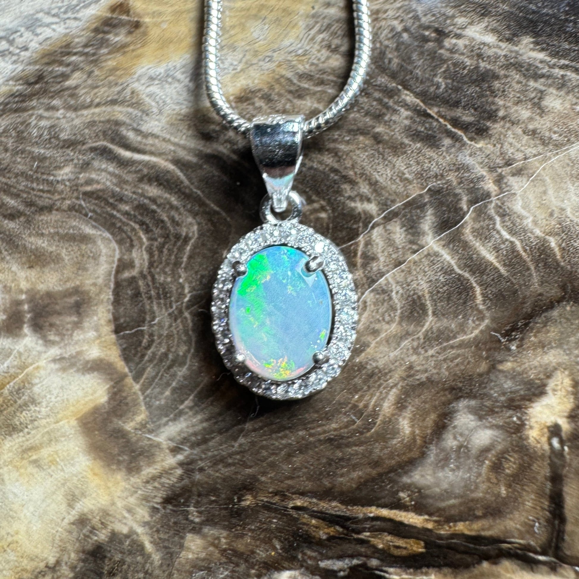 Blue Ridge Flame ~ 0.9ct Solid Lightning Ridge Opal and Cubic Zirconia 925 Sterling Silver Necklace