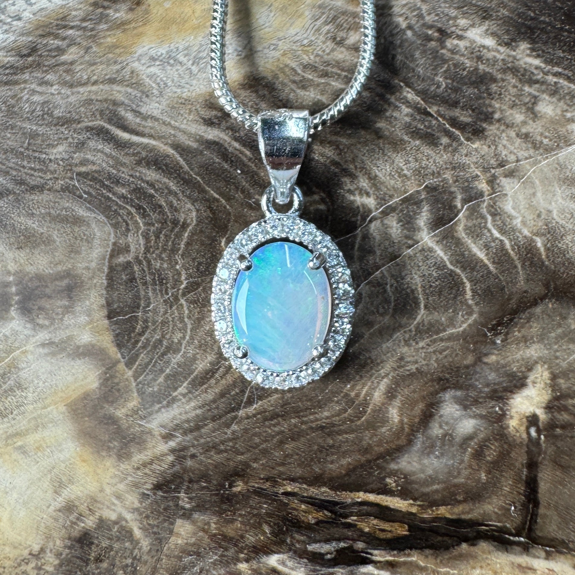 Blue Ridge Flame ~ 0.9ct Solid Lightning Ridge Opal and Cubic Zirconia 925 Sterling Silver Necklace
