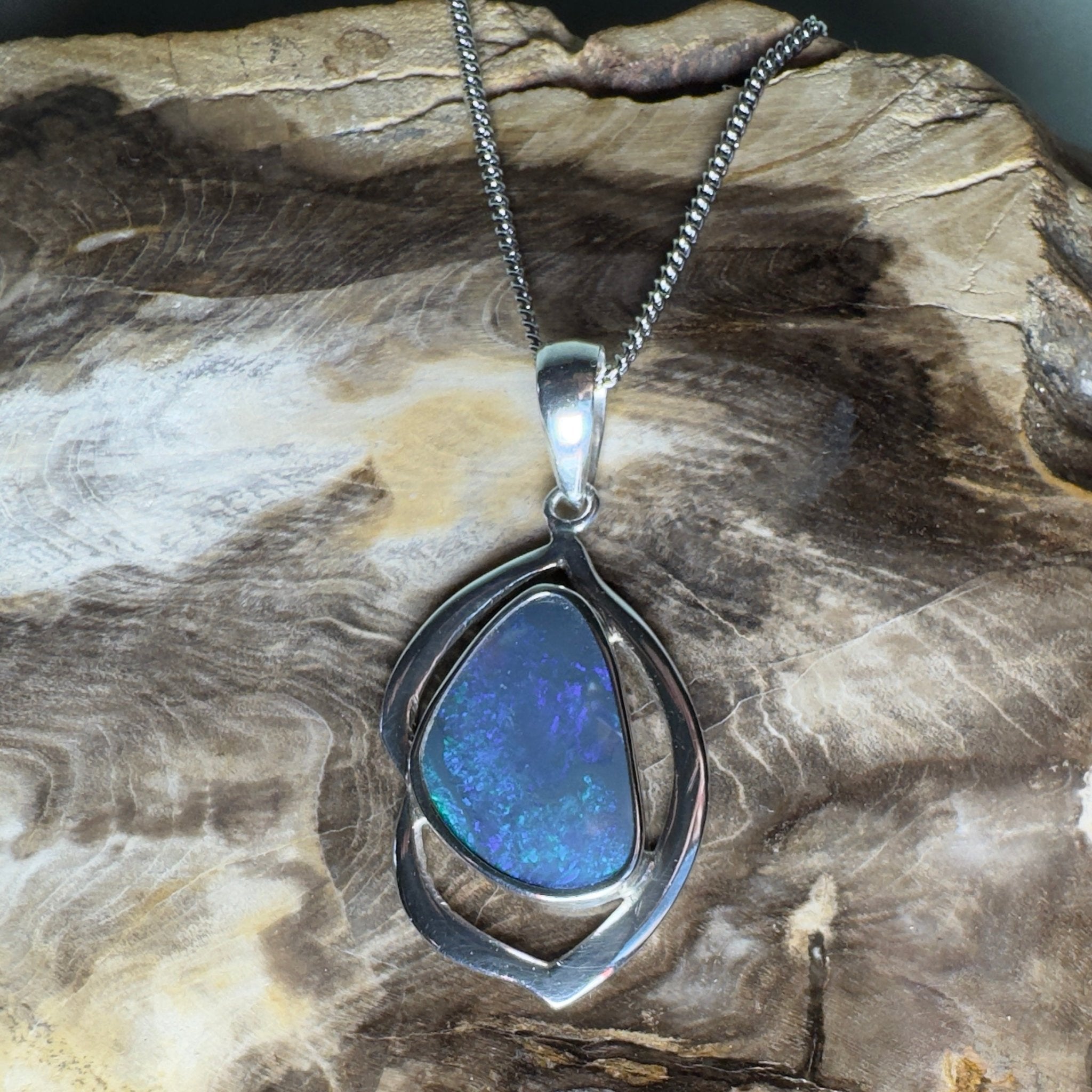Blue Trench Glow ~ 4.9ct Lightning Ridge Semi Black Opal 925 Silver Pendant
