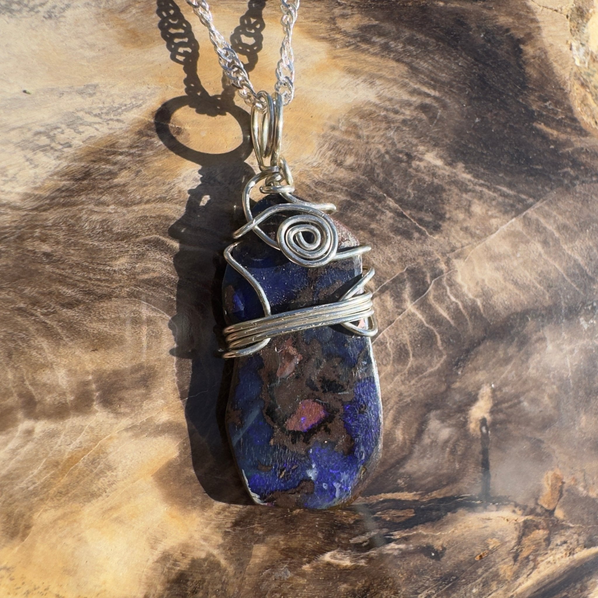 Bondi Indigo Ripple ~ Queensland Boulder Opal 925 Sterling Silver Pendant Necklace