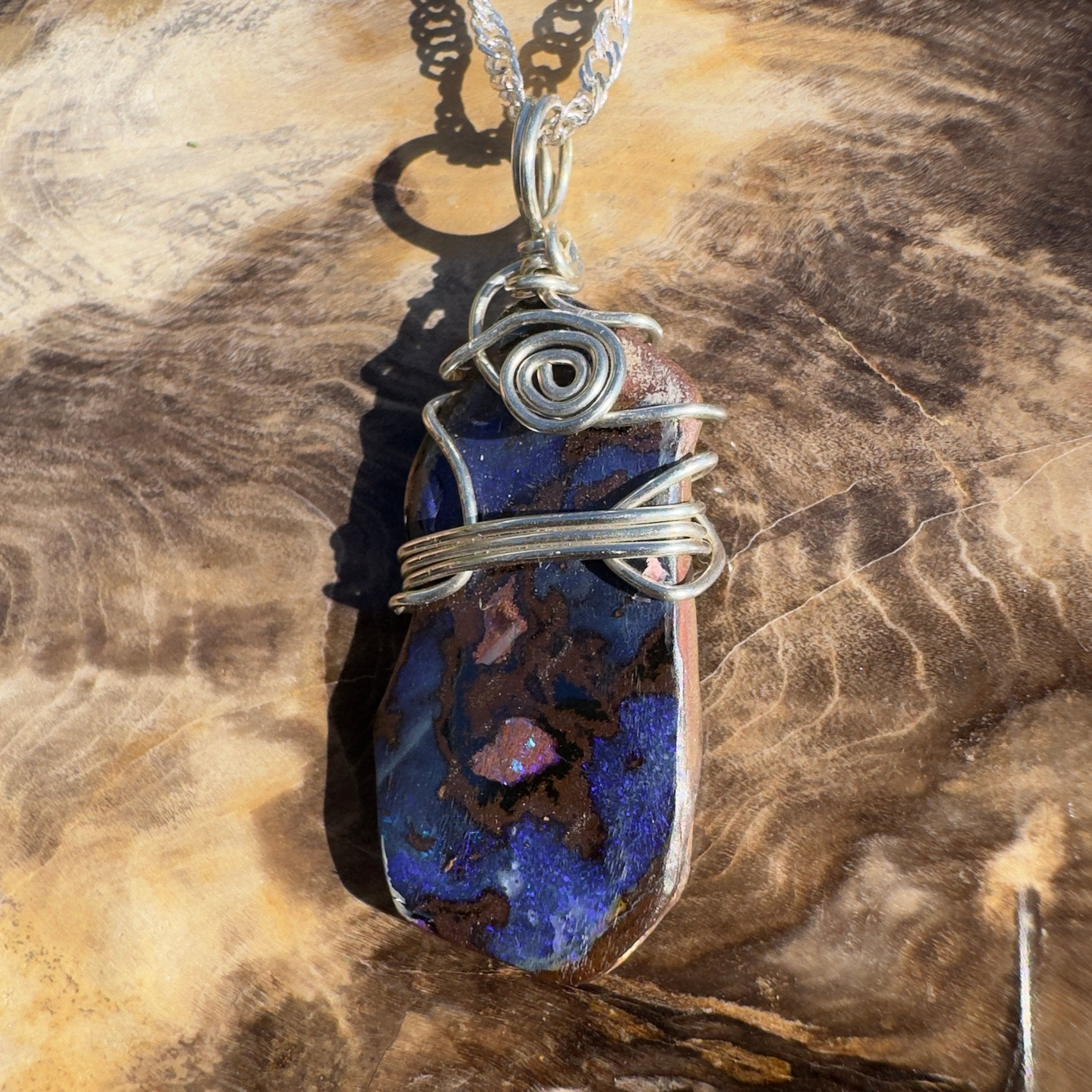 Bondi Indigo Ripple ~ Queensland Boulder Opal 925 Sterling Silver Pendant Necklace