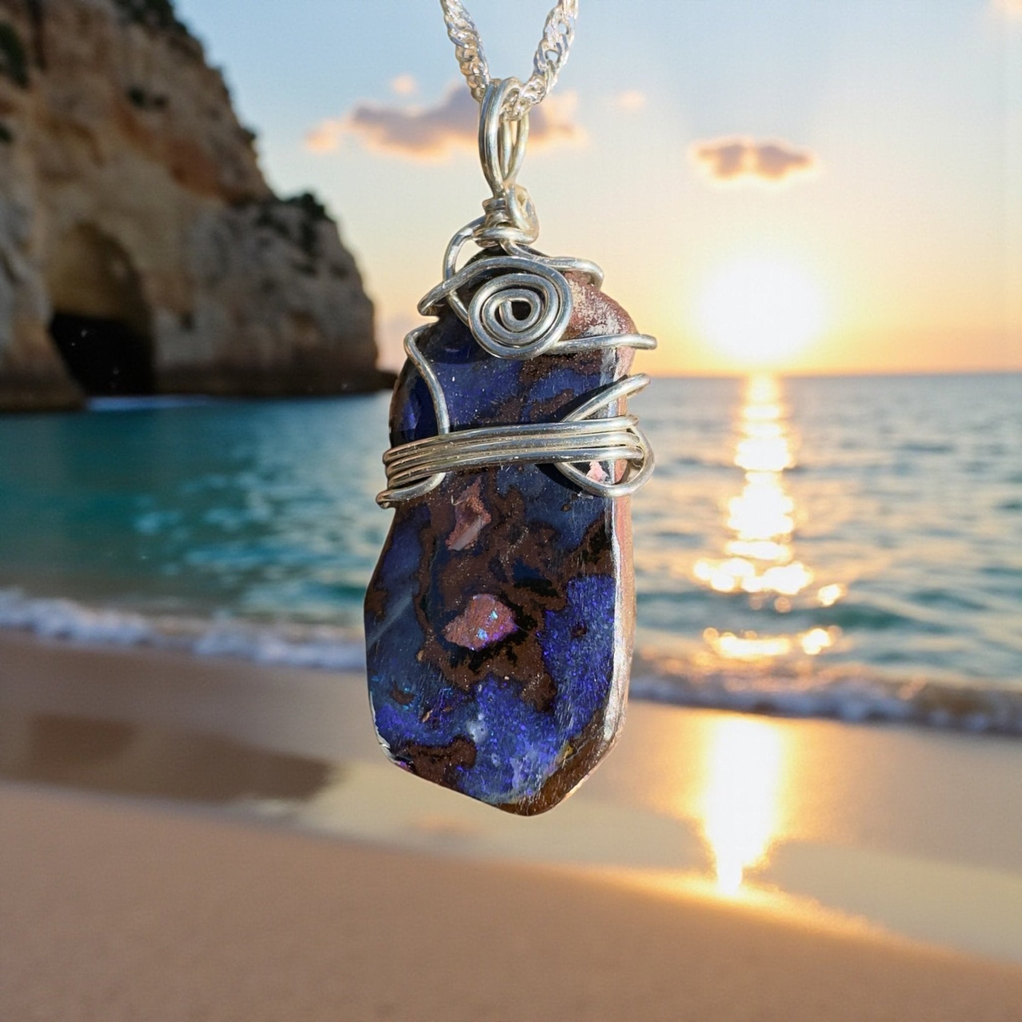 Bondi Indigo Ripple ~ Queensland Boulder Opal 925 Sterling Silver Pendant Necklace