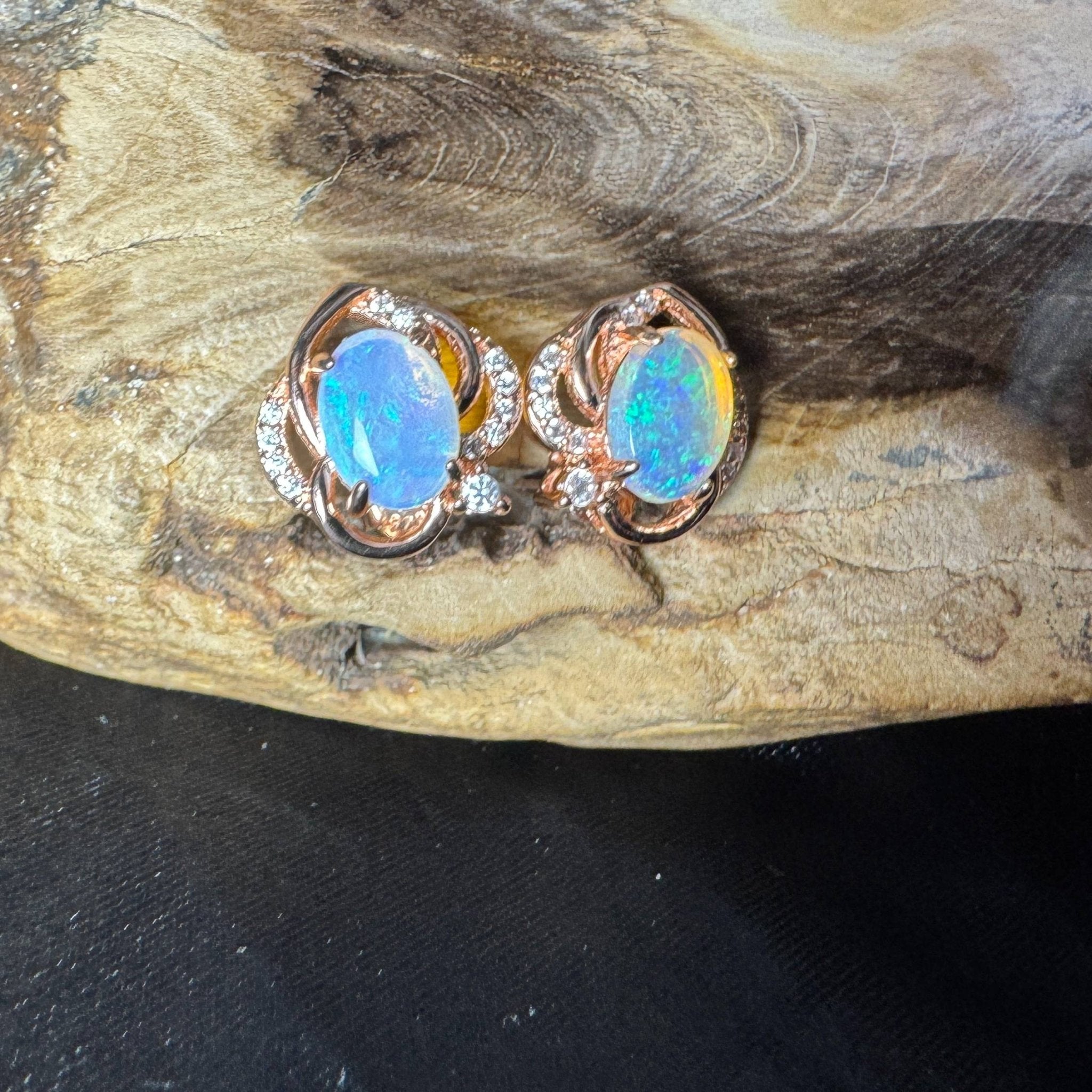 Broome Tide ~ 1.8ct Solid Lightning Ridge Opal Rose Gold Plated 925 Silver Earrings