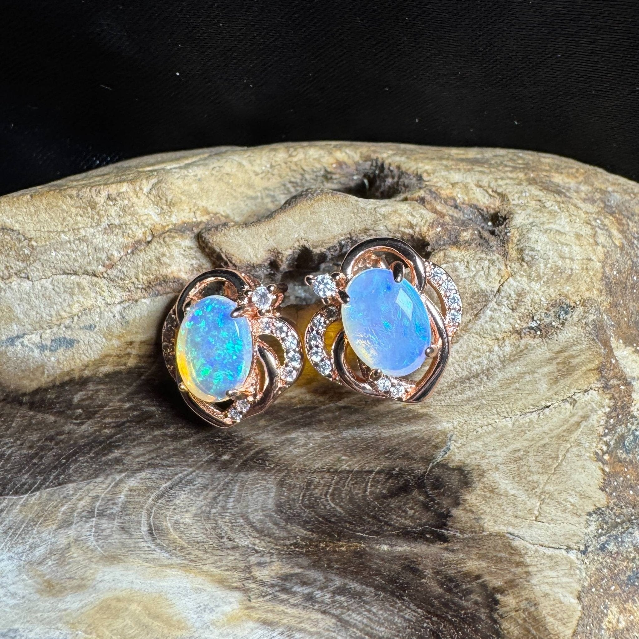 Broome Tide ~ 1.8ct Solid Lightning Ridge Opal Rose Gold Plated 925 Silver Earrings