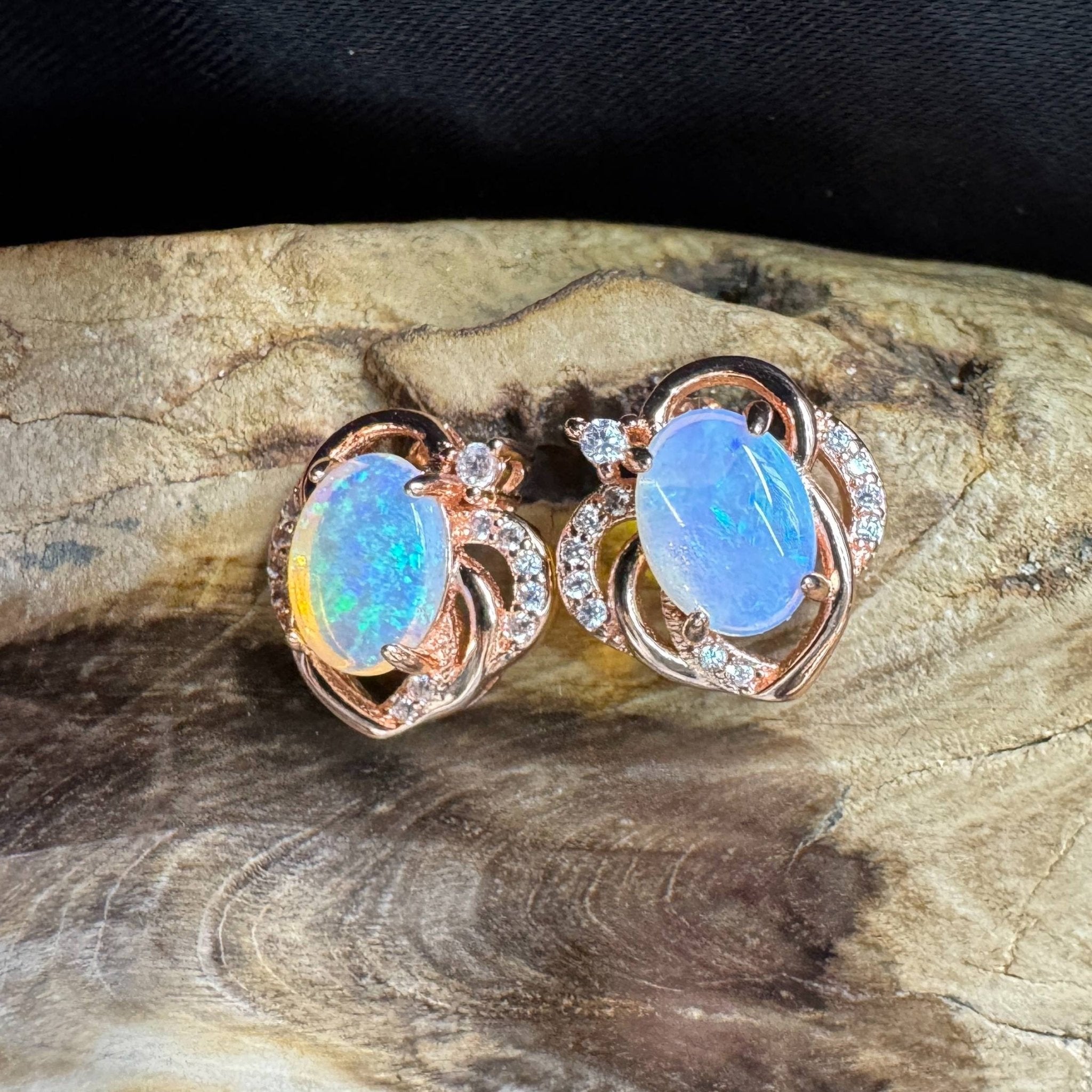 Broome Tide ~ 1.8ct Solid Lightning Ridge Opal Rose Gold Plated 925 Silver Earrings