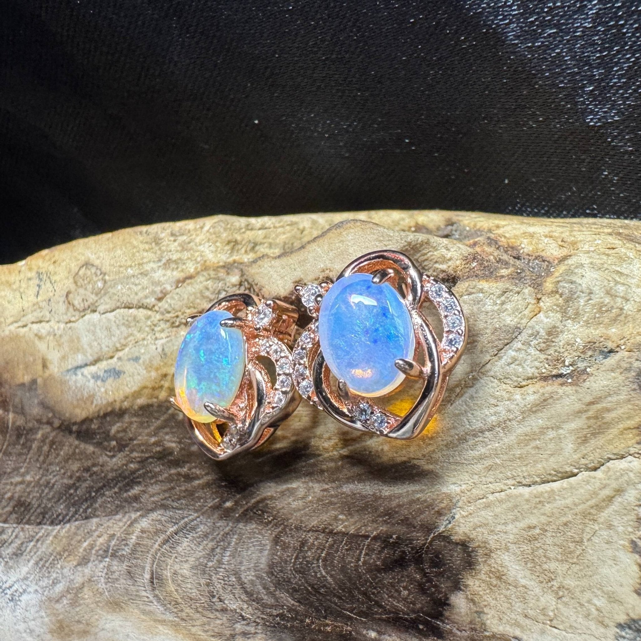 Broome Tide ~ 1.8ct Solid Lightning Ridge Opal Rose Gold Plated 925 Silver Earrings