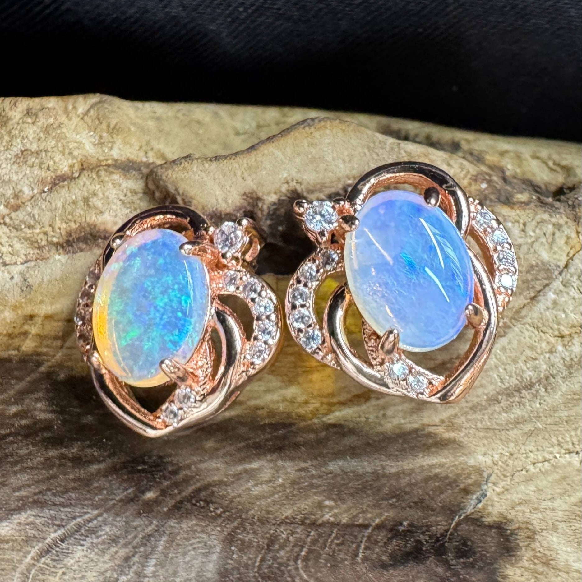 Broome Tide ~ 1.8ct Solid Lightning Ridge Opal Rose Gold Plated 925 Silver Earrings