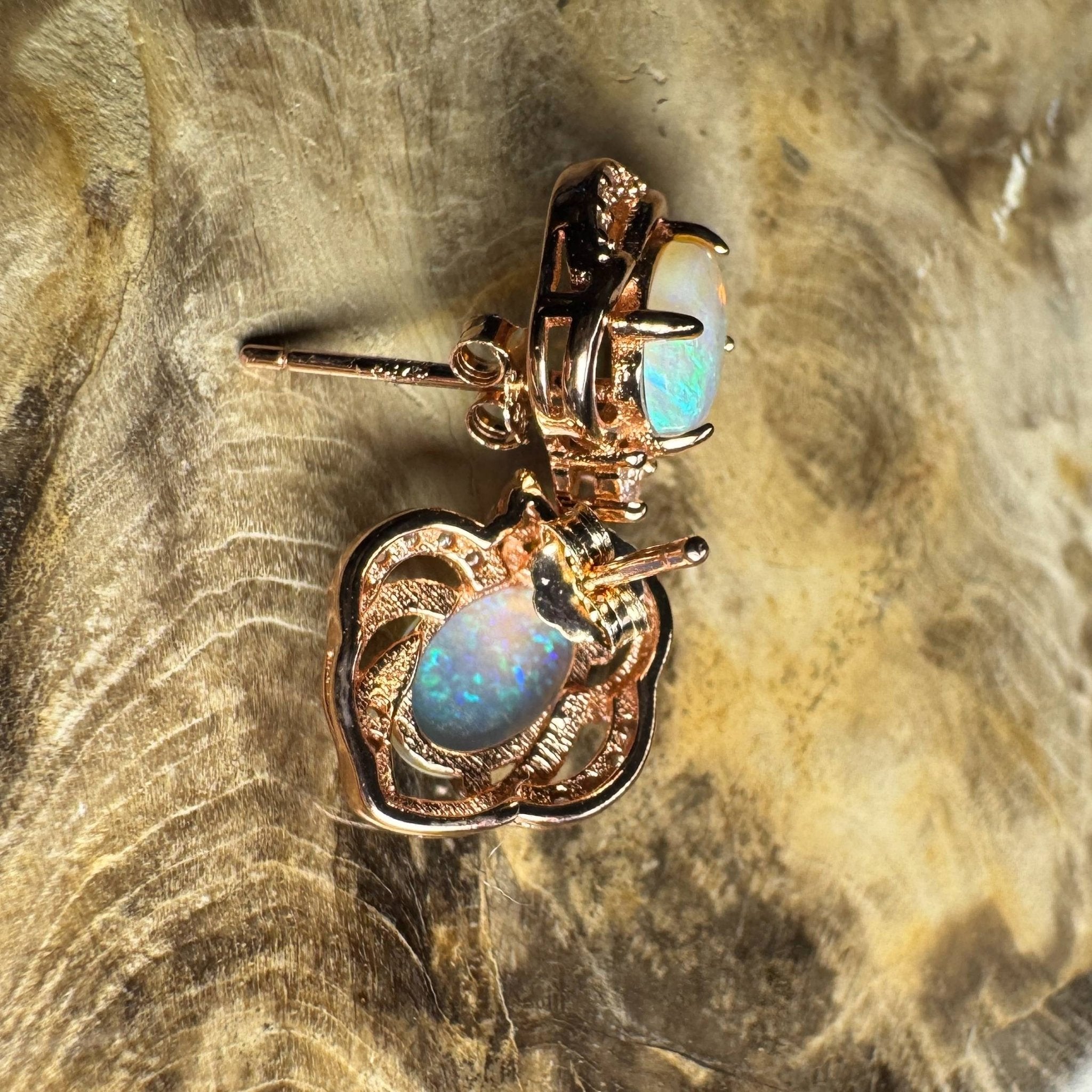 Broome Tide ~ 1.8ct Solid Lightning Ridge Opal Rose Gold Plated 925 Silver Earrings