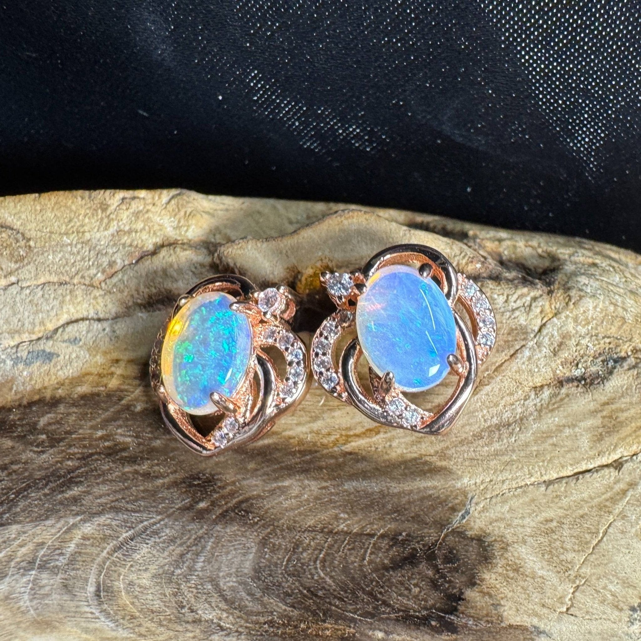 Broome Tide ~ 1.8ct Solid Lightning Ridge Opal Rose Gold Plated 925 Silver Earrings