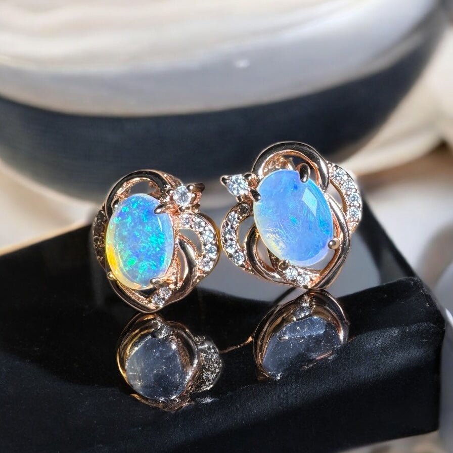 Broome Tide ~ 1.8ct Solid Lightning Ridge Opal Rose Gold Plated 925 Silver Earrings