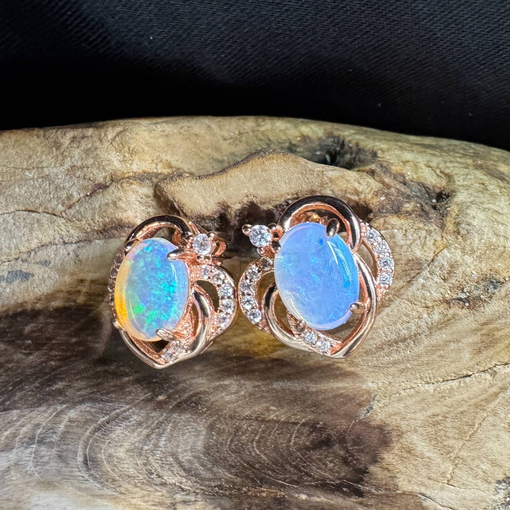 Broome Tide ~ 1.8ct Solid Lightning Ridge Opal Rose Gold Plated 925 Silver Earrings