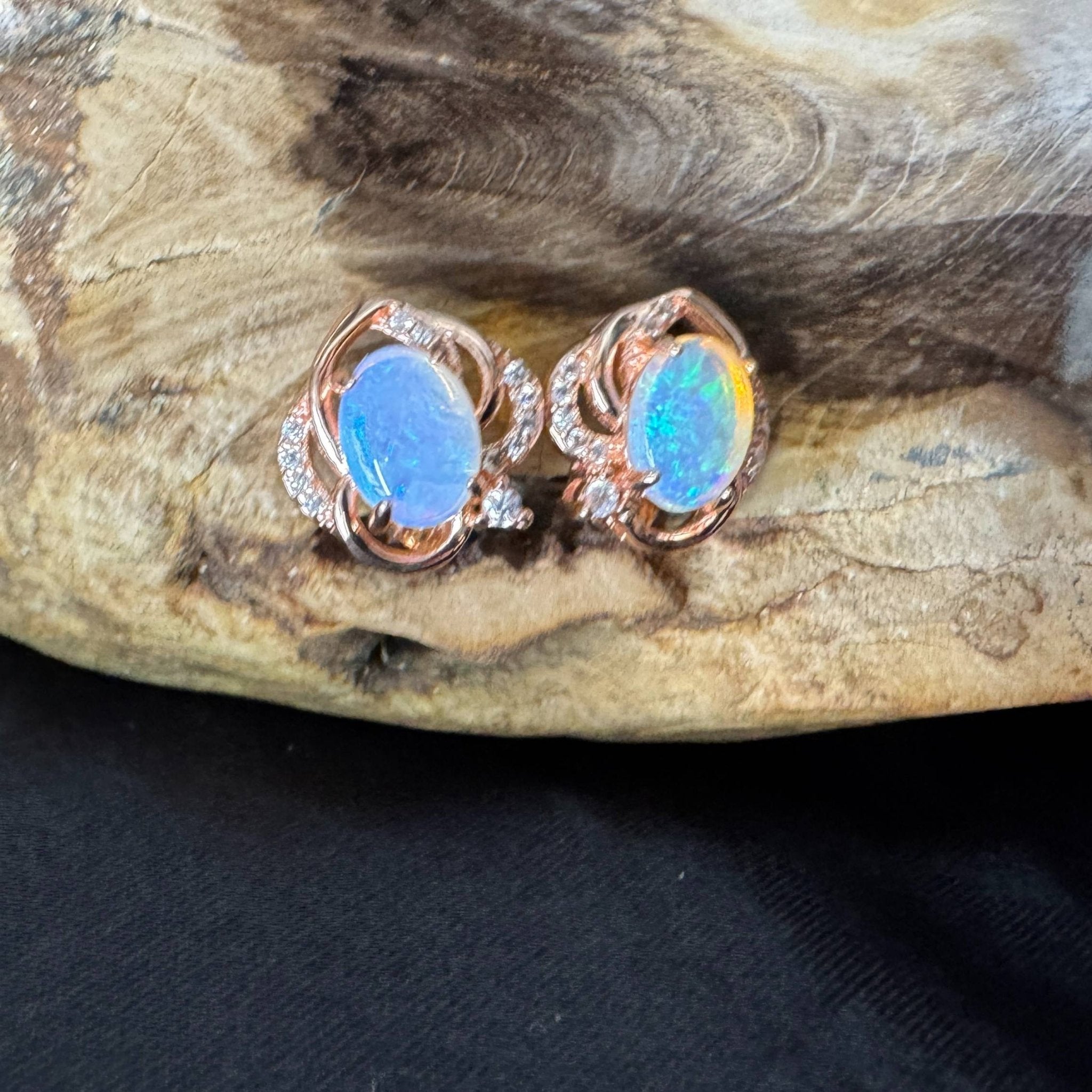 Broome Tide ~ 1.8ct Solid Lightning Ridge Opal Rose Gold Plated 925 Silver Earrings