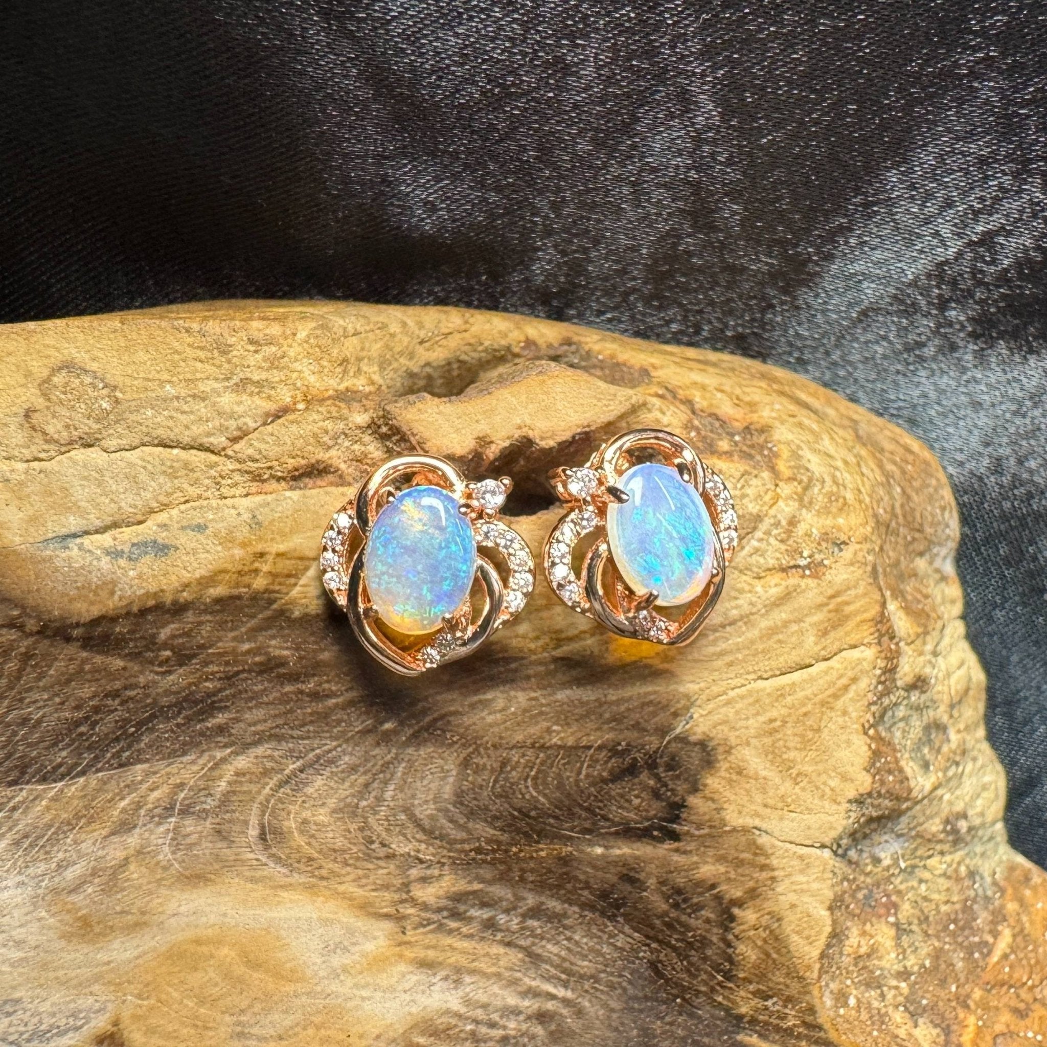 Broome Tide ~ 1.8ct Solid Lightning Ridge Opal Rose Gold Plated 925 Silver Earrings