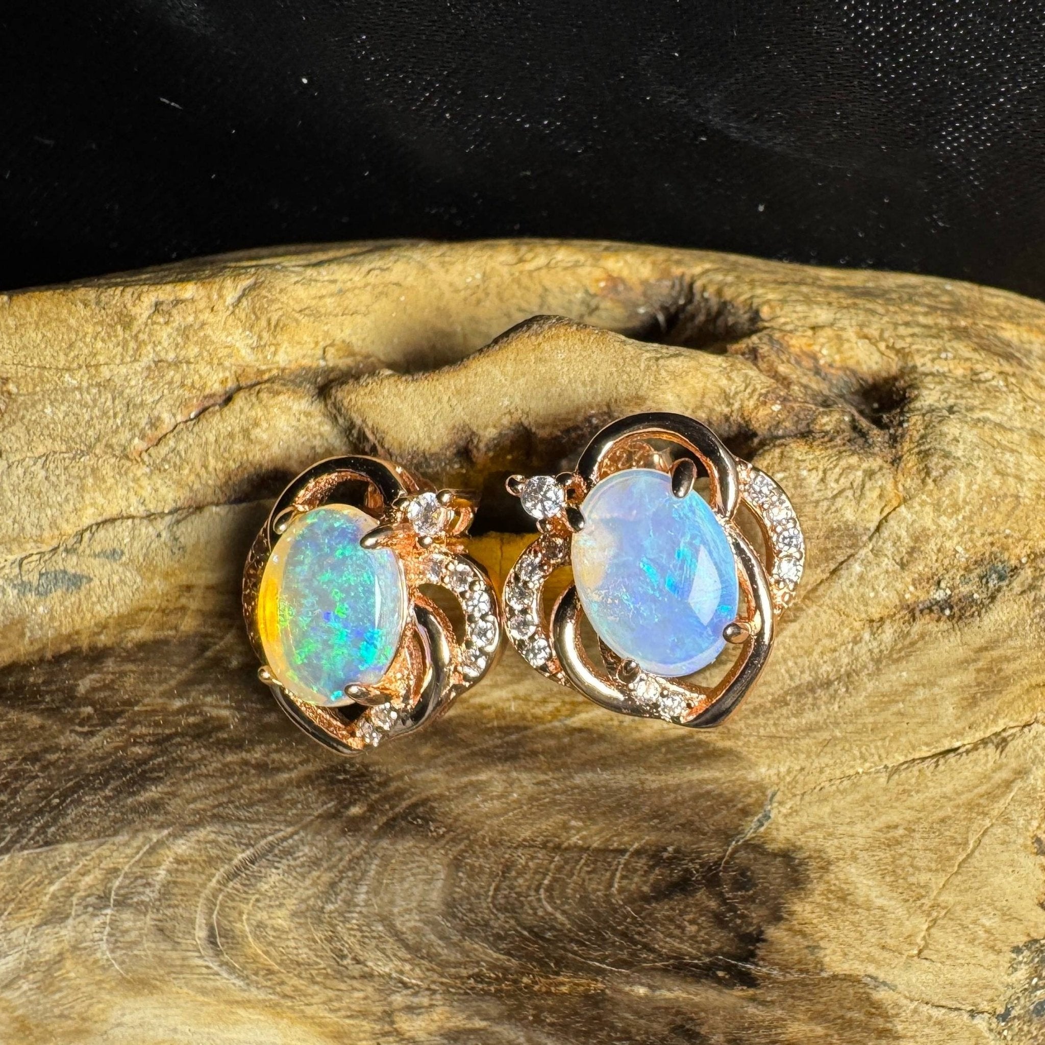 Broome Tide ~ 1.8ct Solid Lightning Ridge Opal Rose Gold Plated 925 Silver Earrings