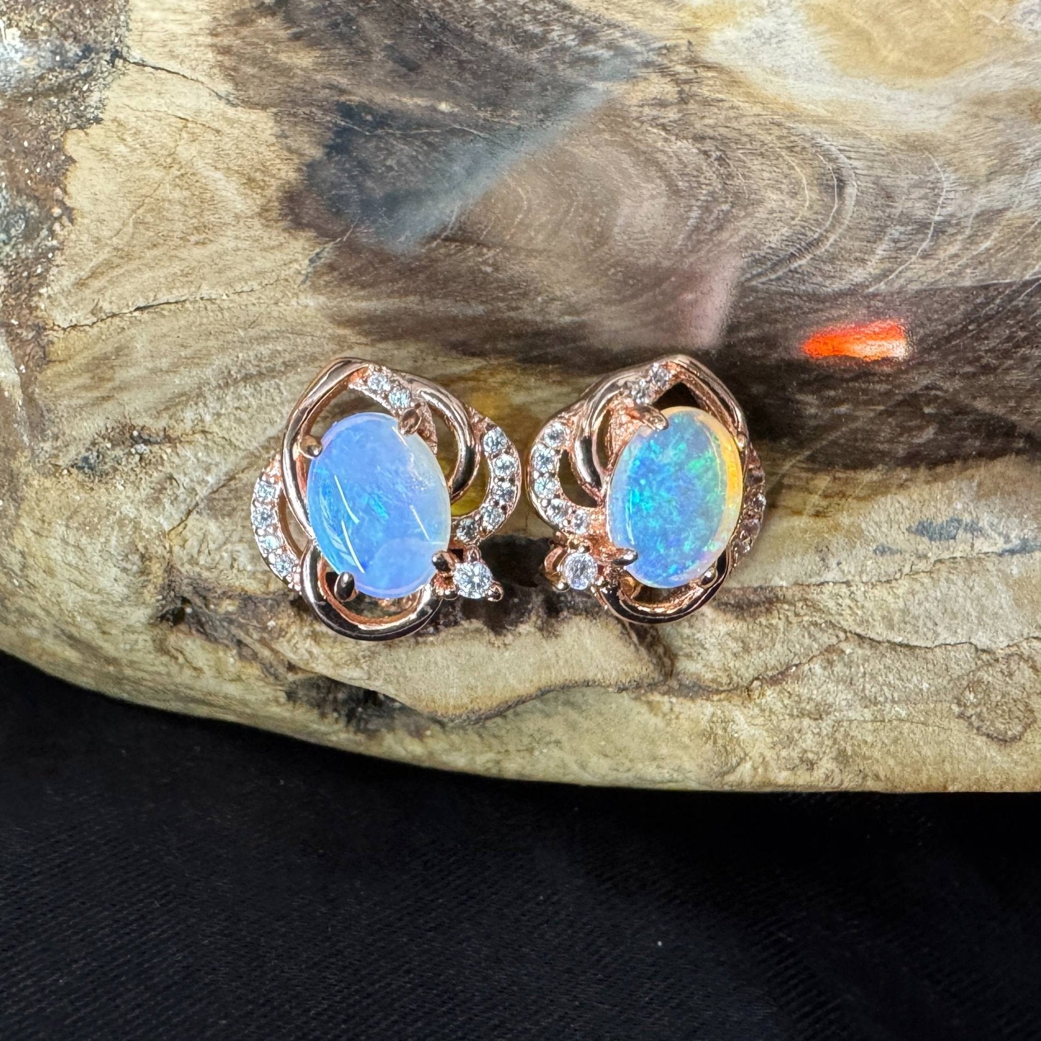 Broome Tide ~ 1.8ct Solid Lightning Ridge Opal Rose Gold Plated 925 Silver Earrings