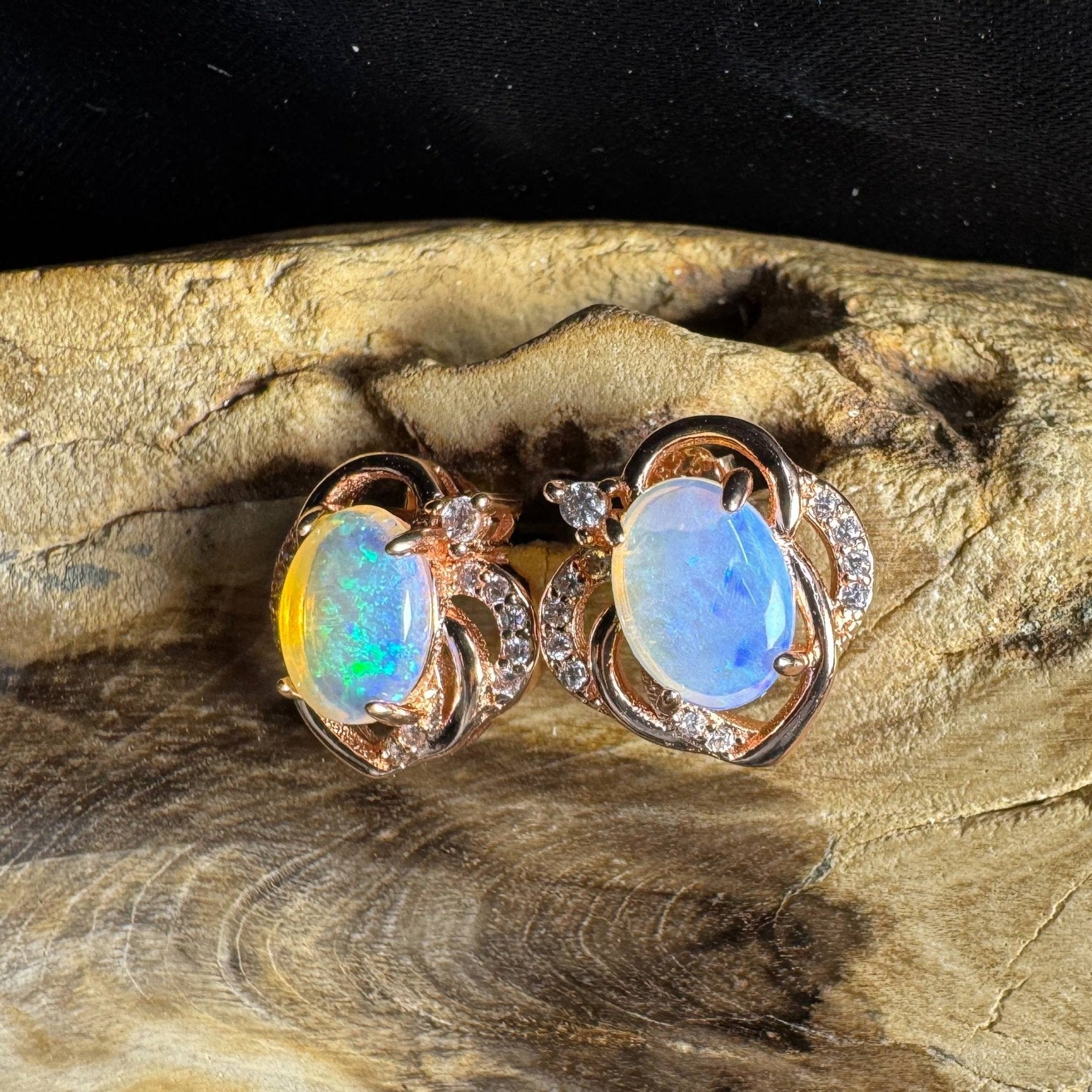 Broome Tide ~ 1.8ct Solid Lightning Ridge Opal Rose Gold Plated 925 Silver Earrings