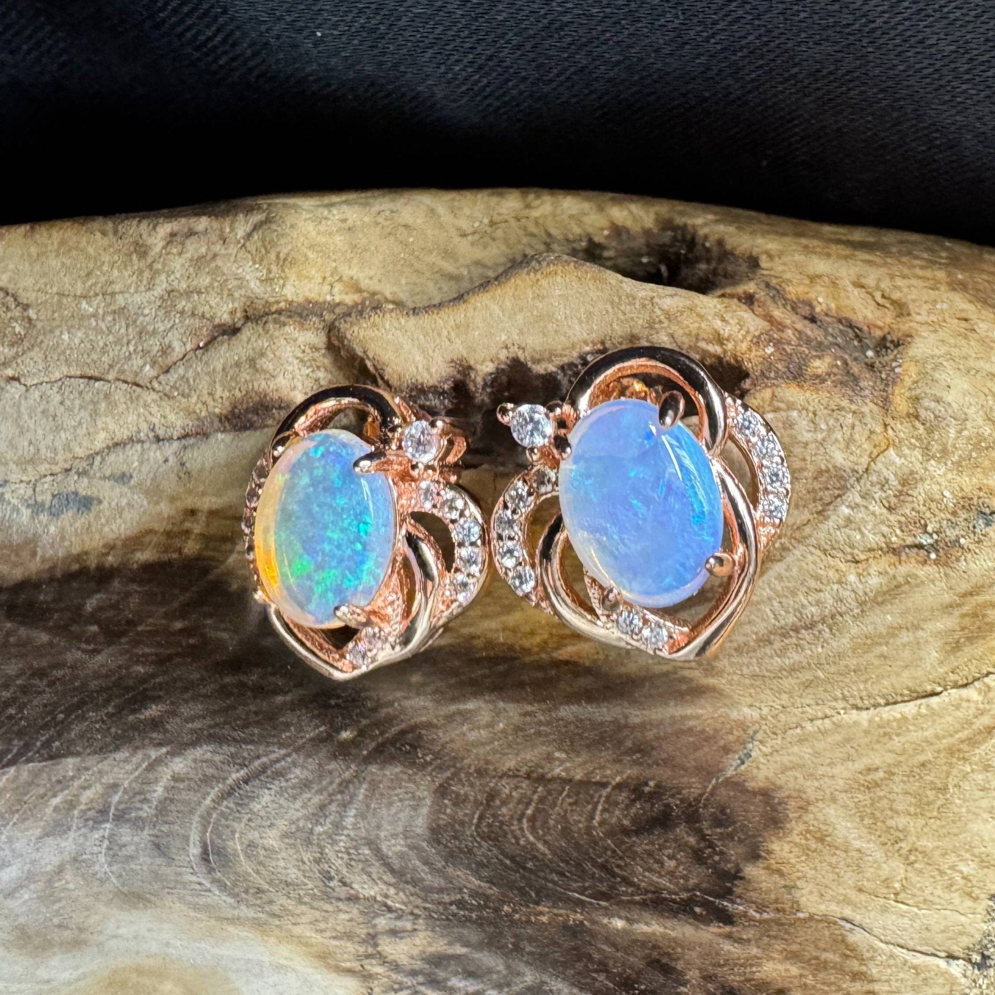 Broome Tide ~ 1.8ct Solid Lightning Ridge Opal Rose Gold Plated 925 Silver Earrings