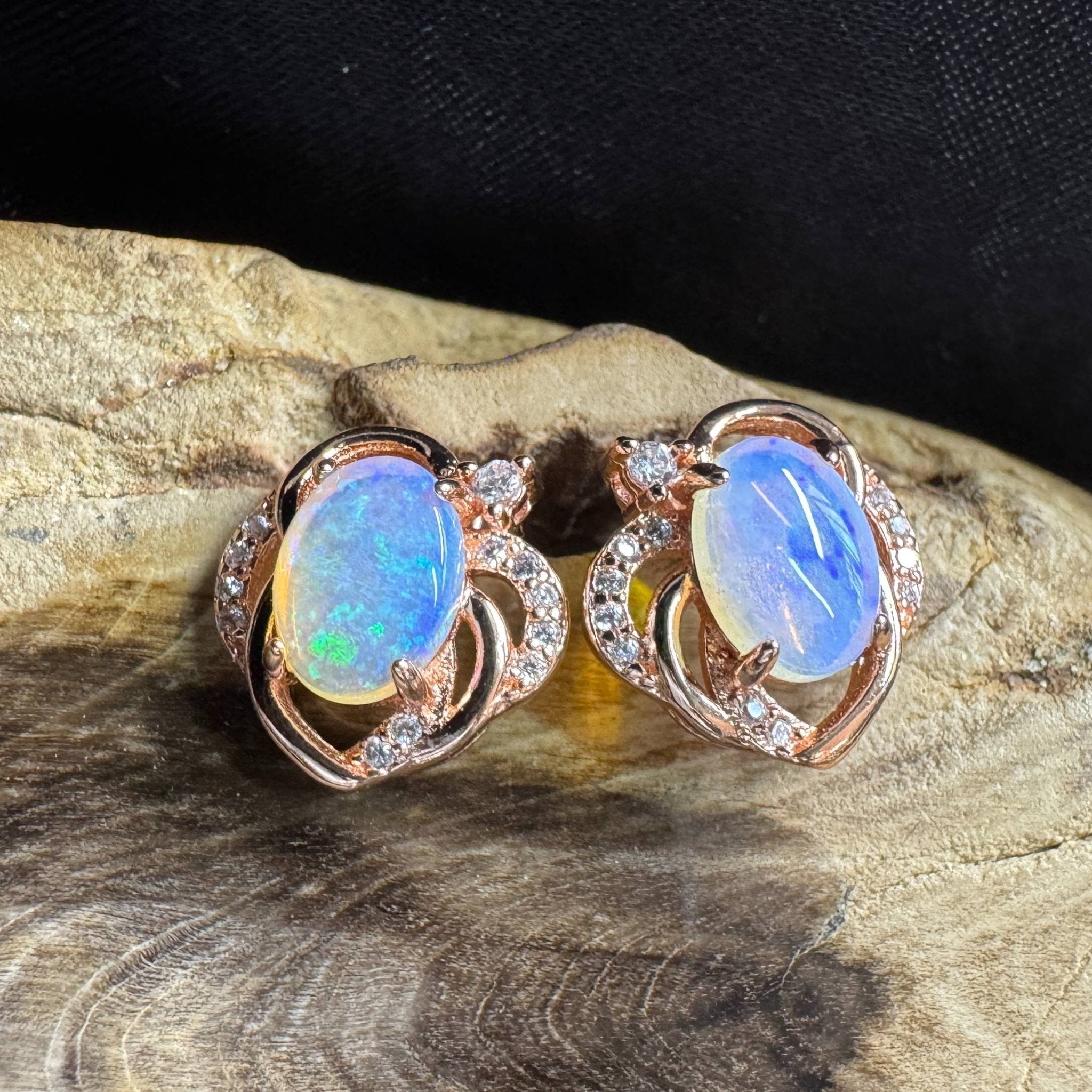 Broome Tide ~ 1.8ct Solid Lightning Ridge Opal Rose Gold Plated 925 Silver Earrings