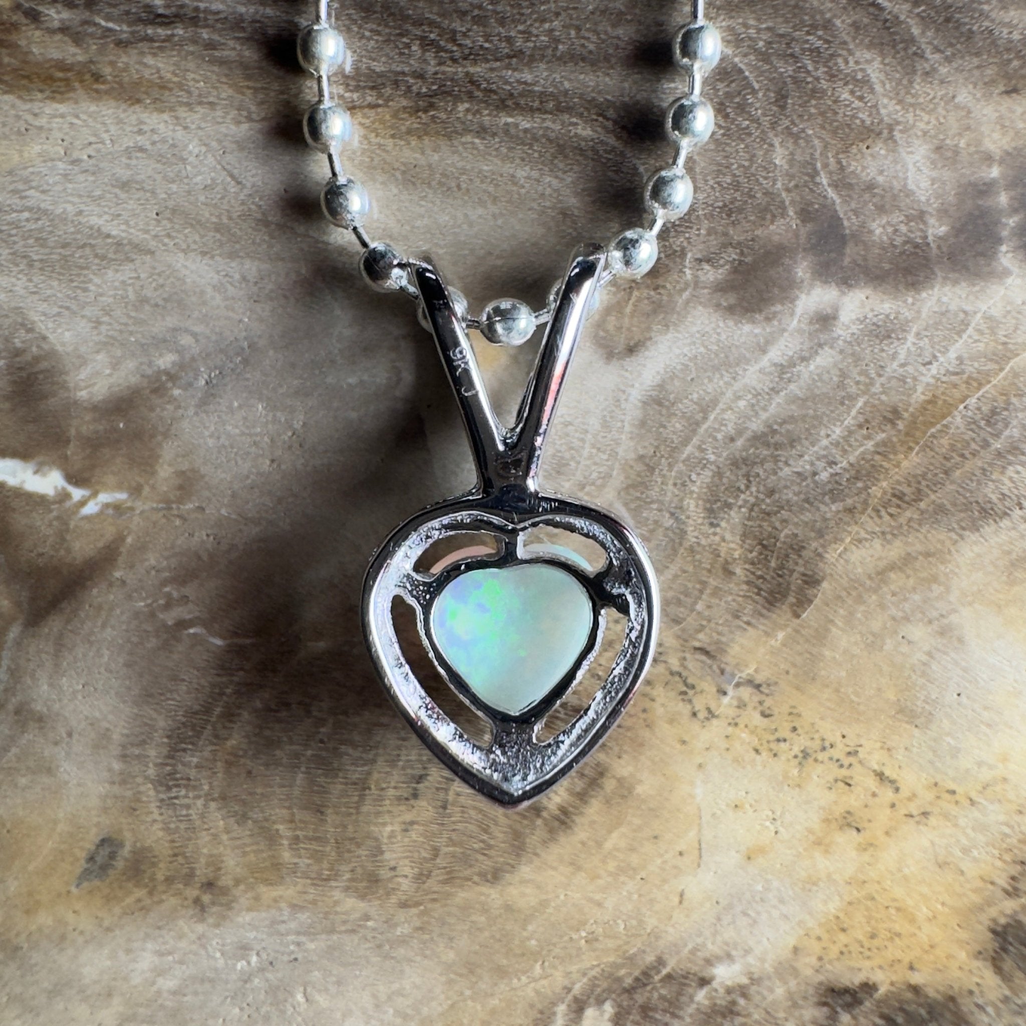Bruny Isle Heart ~ 0.3ct Coober Pedy Crystal Opal 9ct White Gold Pendant