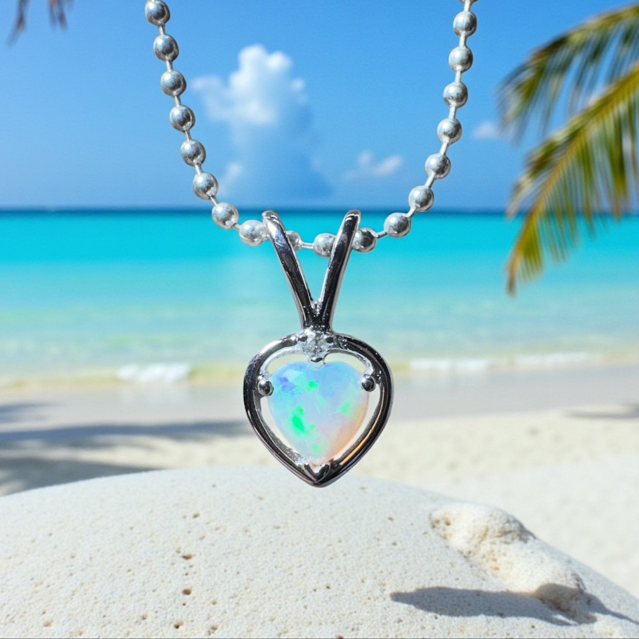 Bruny Isle Heart ~ 0.3ct Coober Pedy Crystal Opal 9ct White Gold Pendant
