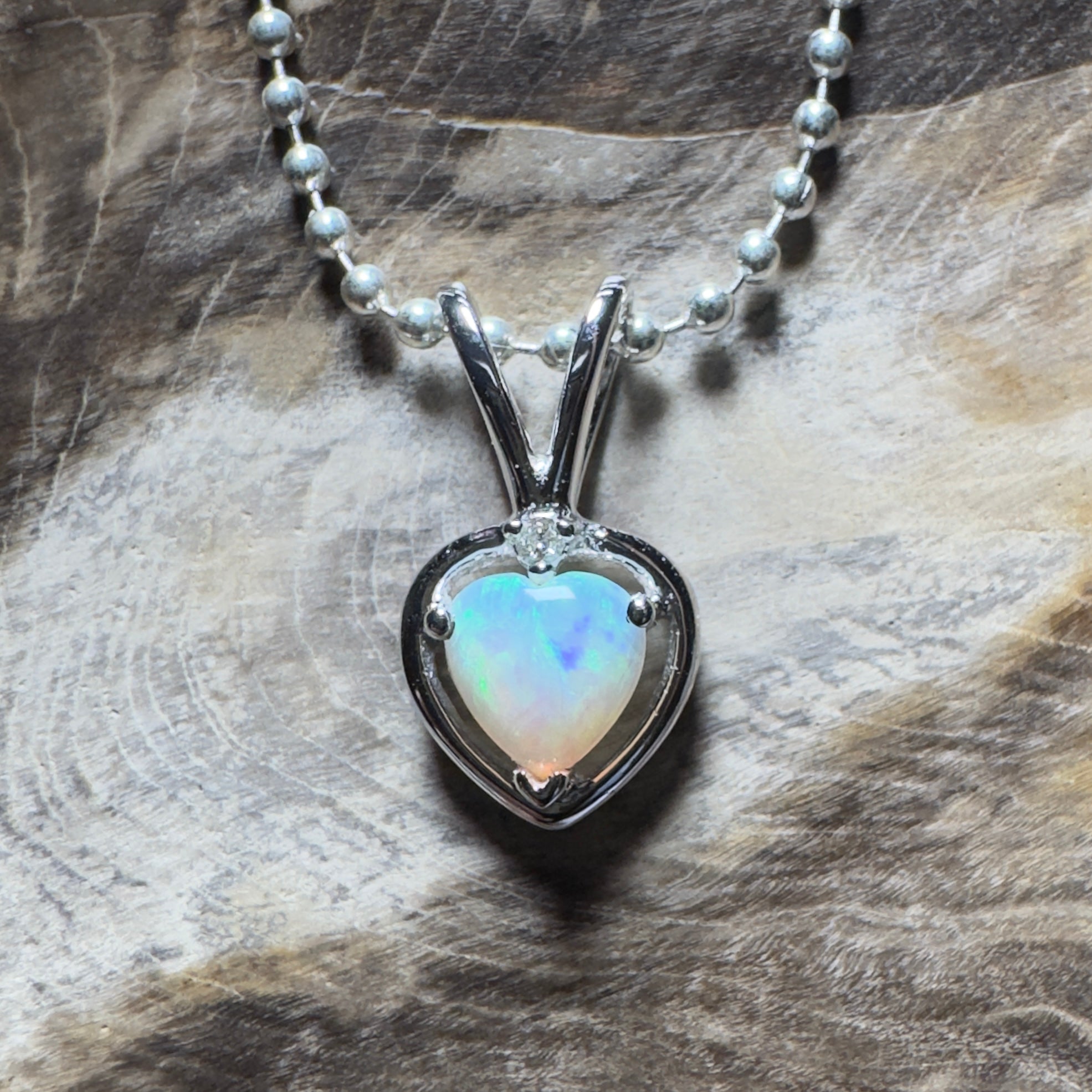 Bruny Isle Heart ~ 0.3ct Coober Pedy Crystal Opal 9ct White Gold Pendant