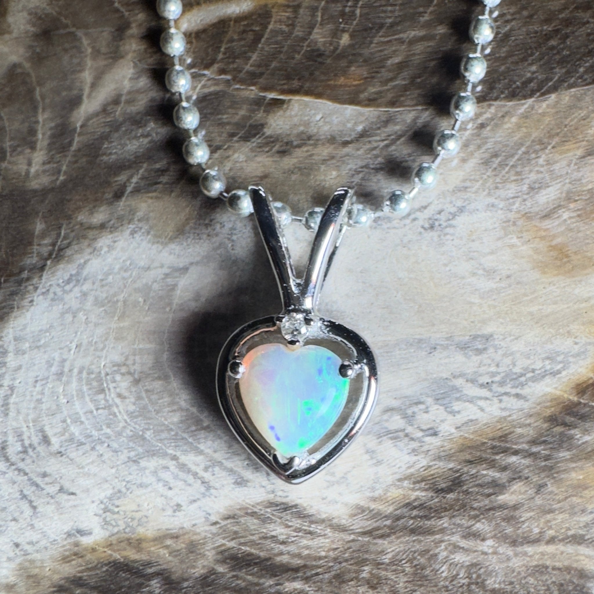 Bruny Isle Heart ~ 0.3ct Coober Pedy Crystal Opal 9ct White Gold Pendant