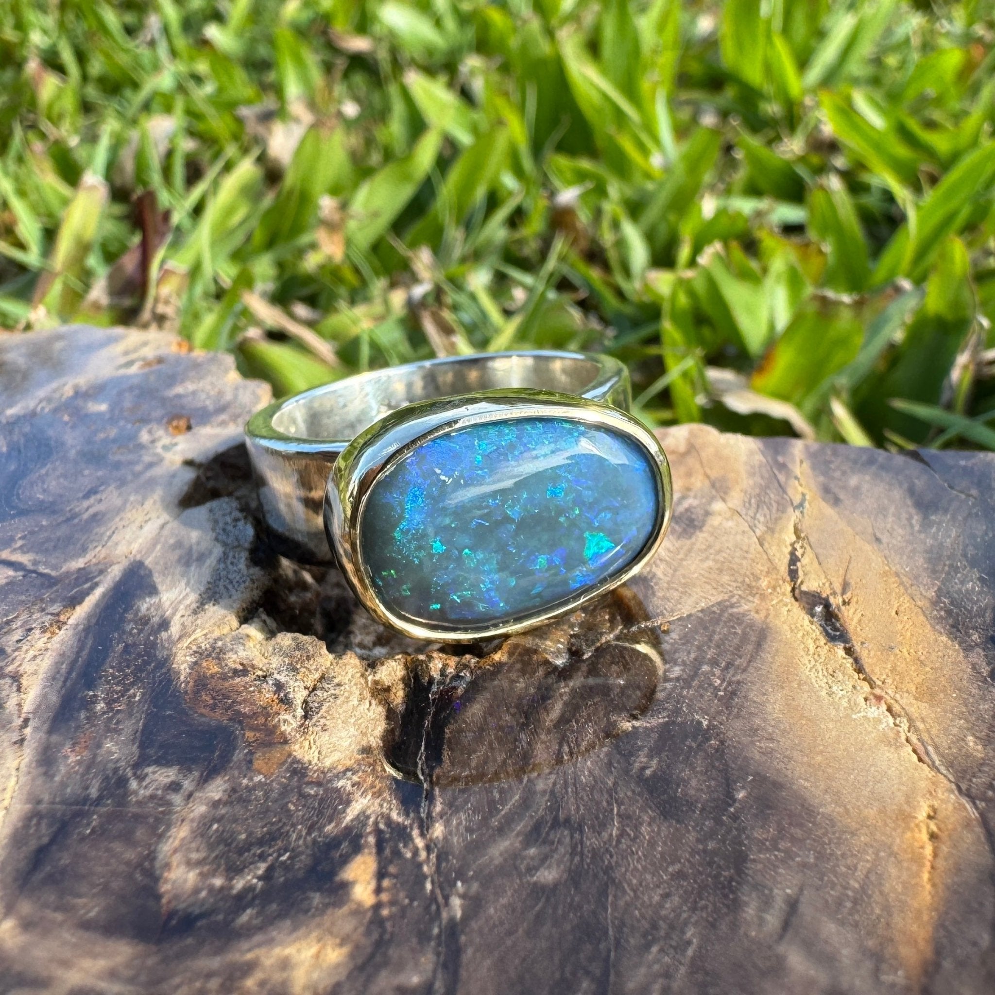 Byron Bay Break - 7.1ct Solid Lightning Ridge Opal Two - Tone 9ct Gold & 925 Sterling Silver Ring
