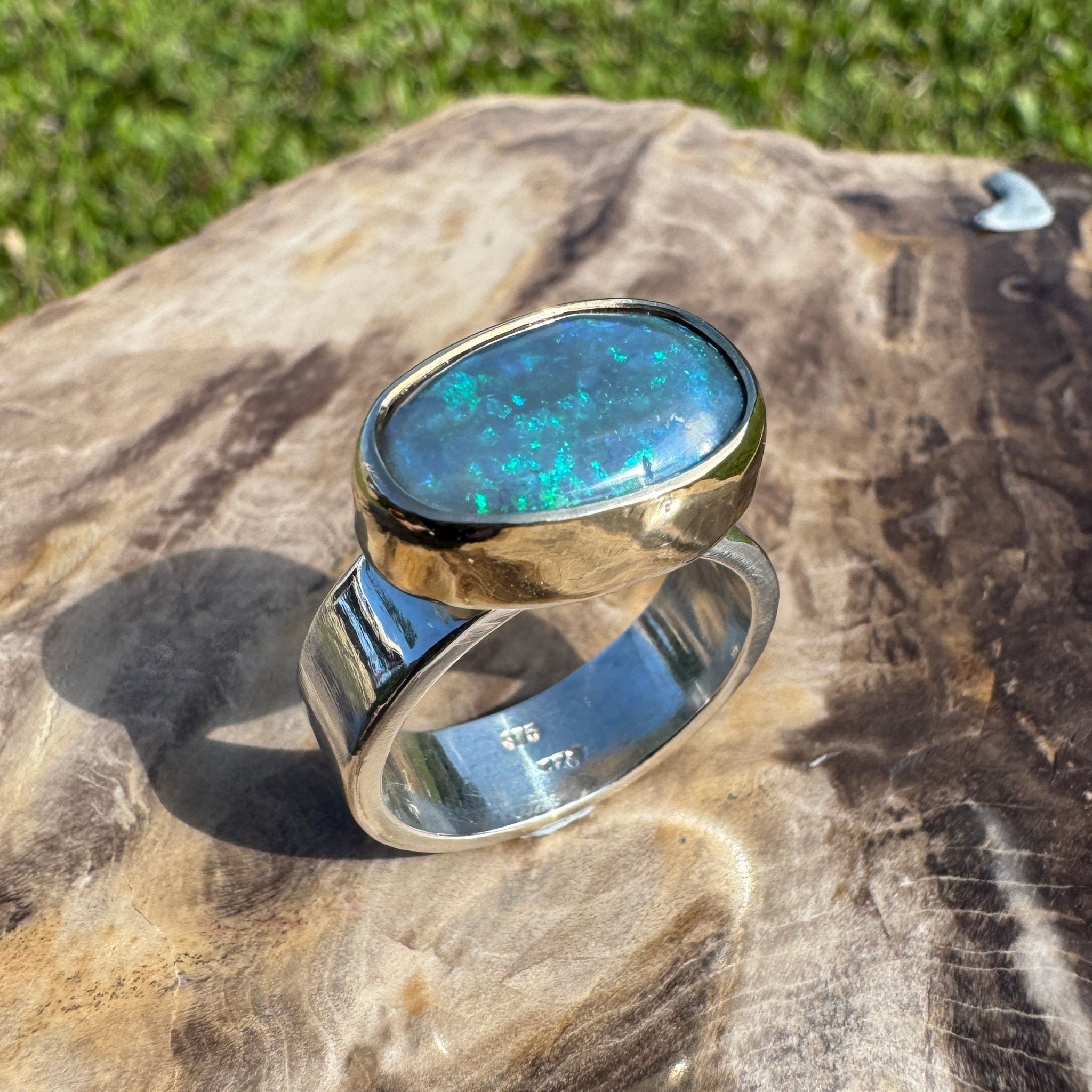 Byron Bay Break - 7.1ct Solid Lightning Ridge Opal Two - Tone 9ct Gold & 925 Sterling Silver Ring