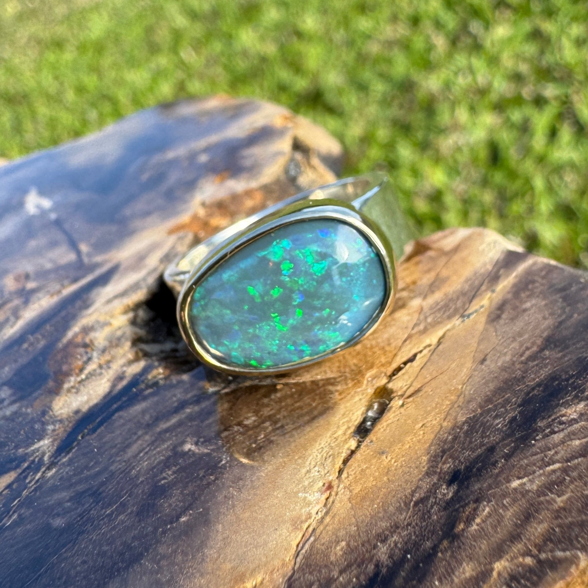Byron Bay Break - 7.1ct Solid Lightning Ridge Opal Two - Tone 9ct Gold & 925 Sterling Silver Ring
