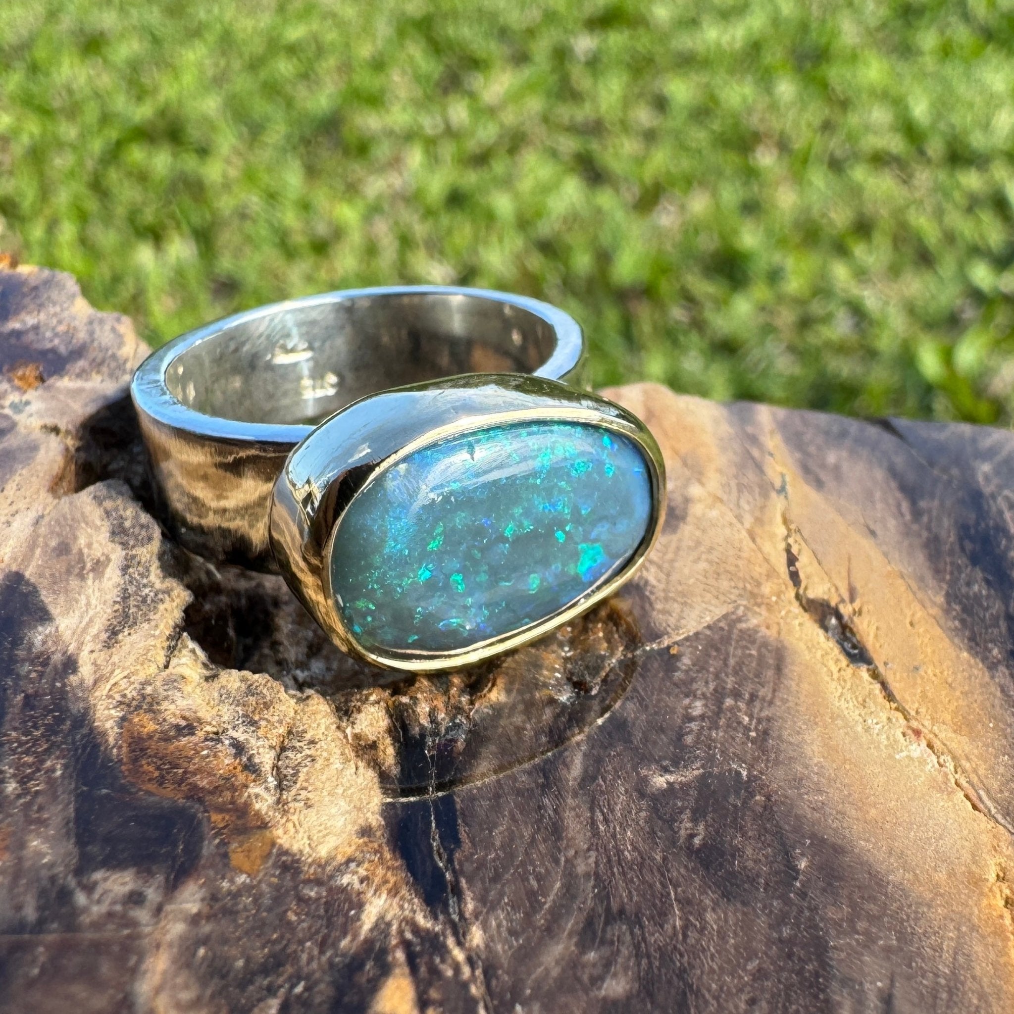 Byron Bay Break - 7.1ct Solid Lightning Ridge Opal Two - Tone 9ct Gold & 925 Sterling Silver Ring