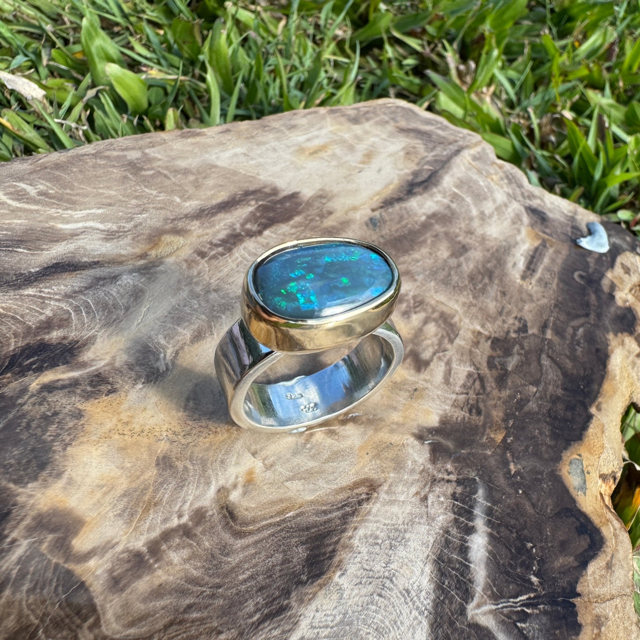 Byron Bay Break - 7.1ct Solid Lightning Ridge Opal Two - Tone 9ct Gold & 925 Sterling Silver Ring