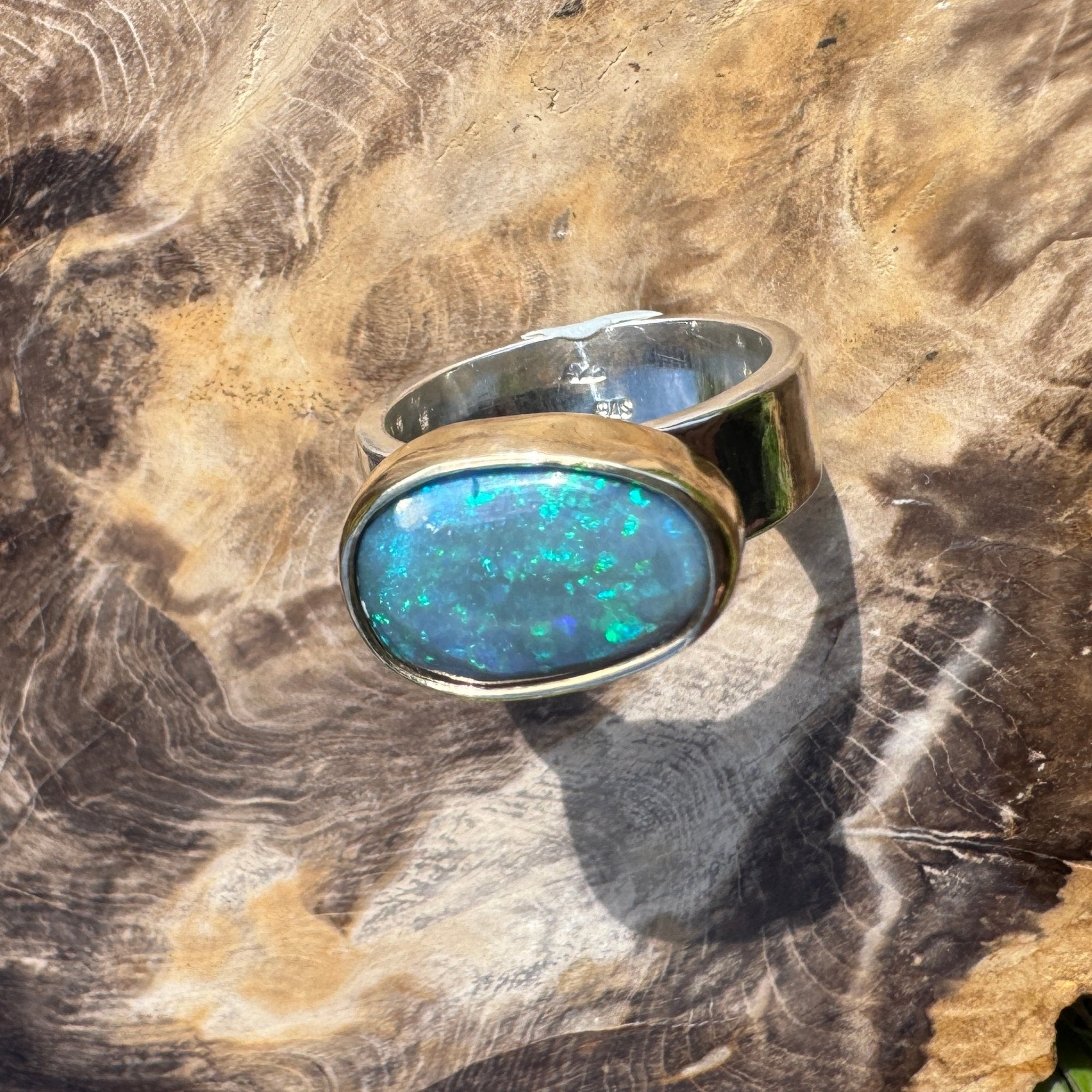 Byron Bay Break - 7.1ct Solid Lightning Ridge Opal Two - Tone 9ct Gold & 925 Sterling Silver Ring
