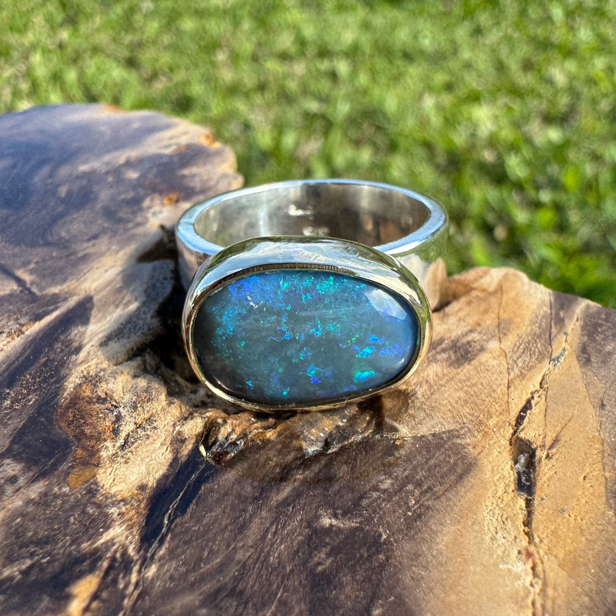Byron Bay Break - 7.1ct Solid Lightning Ridge Opal Two - Tone 9ct Gold & 925 Sterling Silver Ring