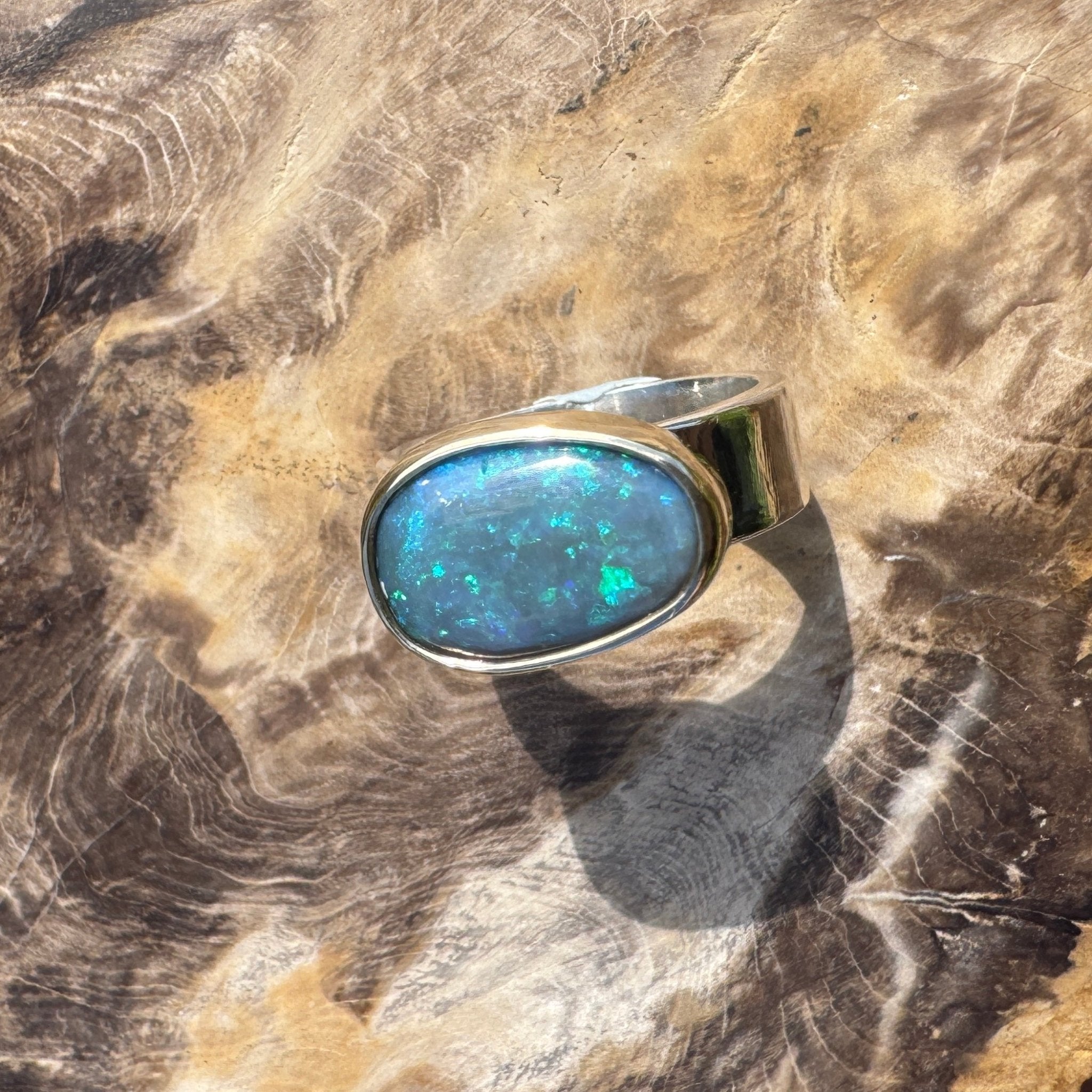 Byron Bay Break - 7.1ct Solid Lightning Ridge Opal Two - Tone 9ct Gold & 925 Sterling Silver Ring