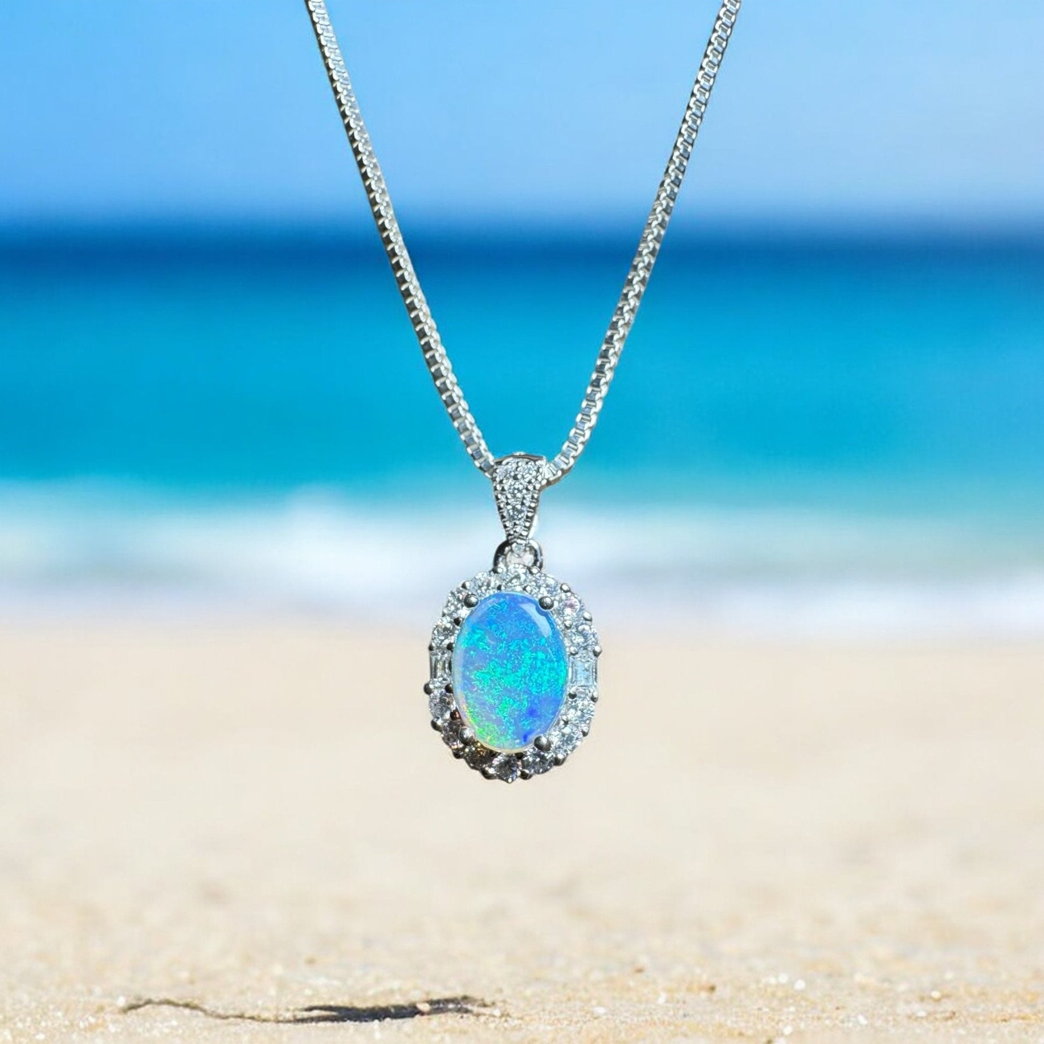 Byron Tide ~ 0.8ct Solid Lightning Ridge Opal and Cubic Zirconia 925 Silver Pendant Necklace