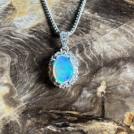 Byron Tide ~ 0.8ct Solid Lightning Ridge Opal and Cubic Zirconia 925 Silver Pendant Necklace