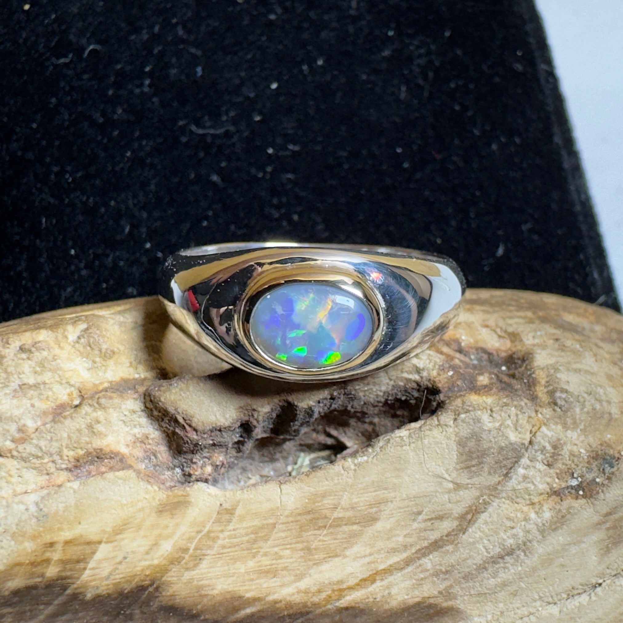 Byron Tides - 0.6ct Solid Lightning Ridge Semi Black Opal Two - Tone 9ct Gold & 925 Sterling Silver Ring