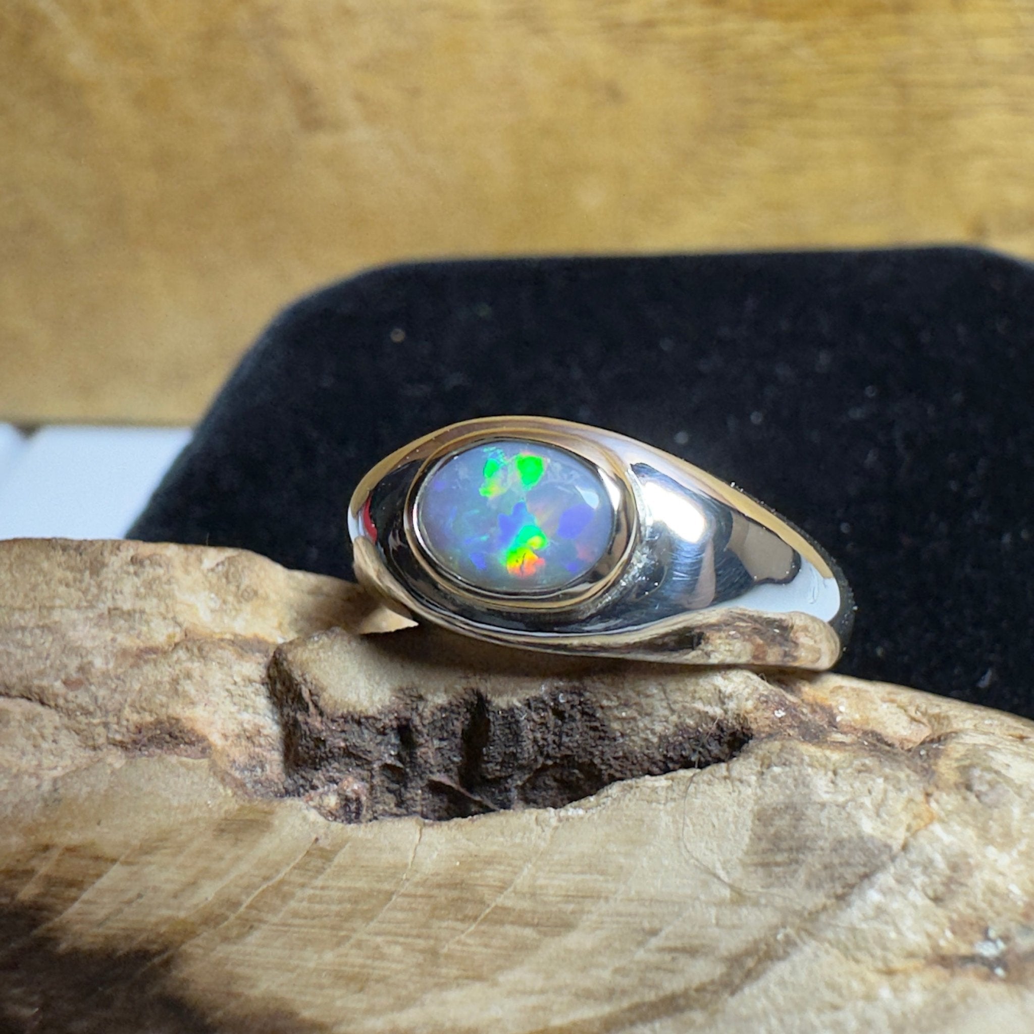 Byron Tides - 0.6ct Solid Lightning Ridge Semi Black Opal Two - Tone 9ct Gold & 925 Sterling Silver Ring