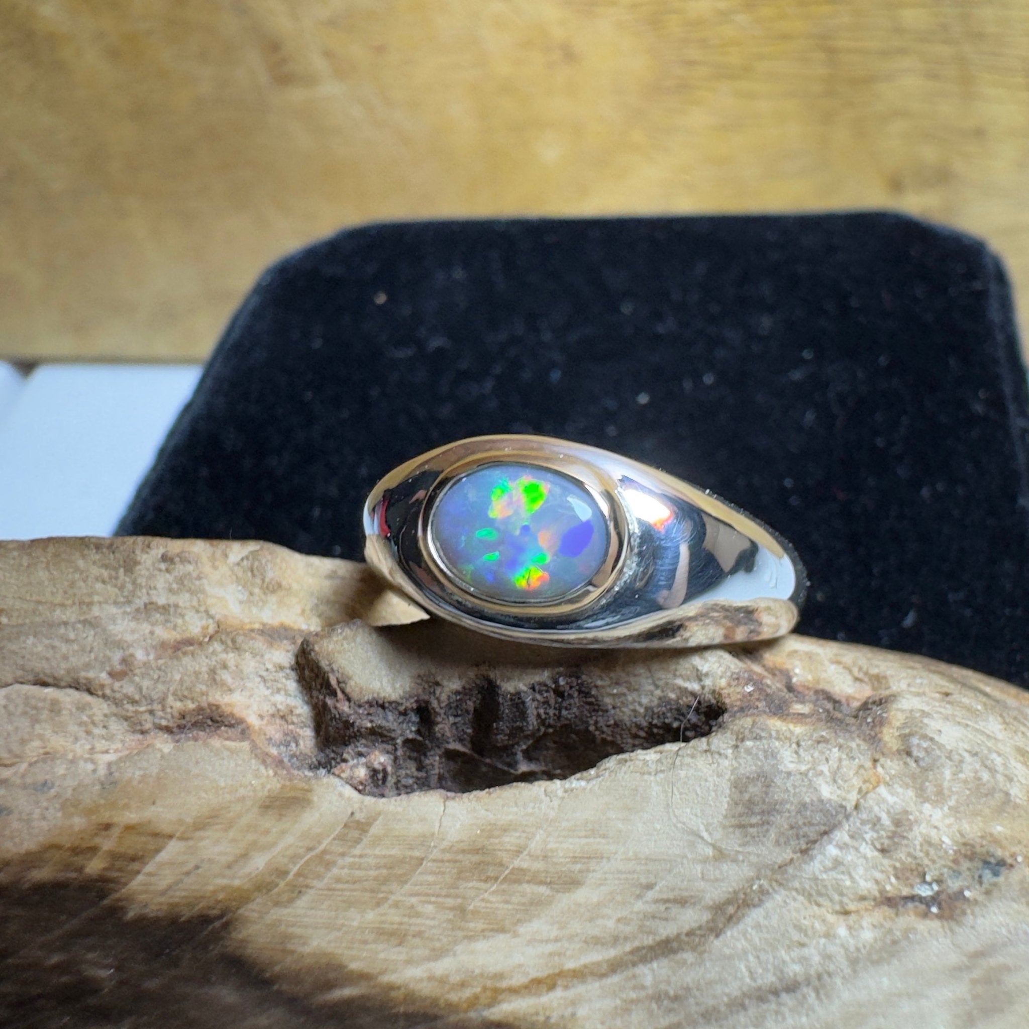 Byron Tides - 0.6ct Solid Lightning Ridge Semi Black Opal Two - Tone 9ct Gold & 925 Sterling Silver Ring