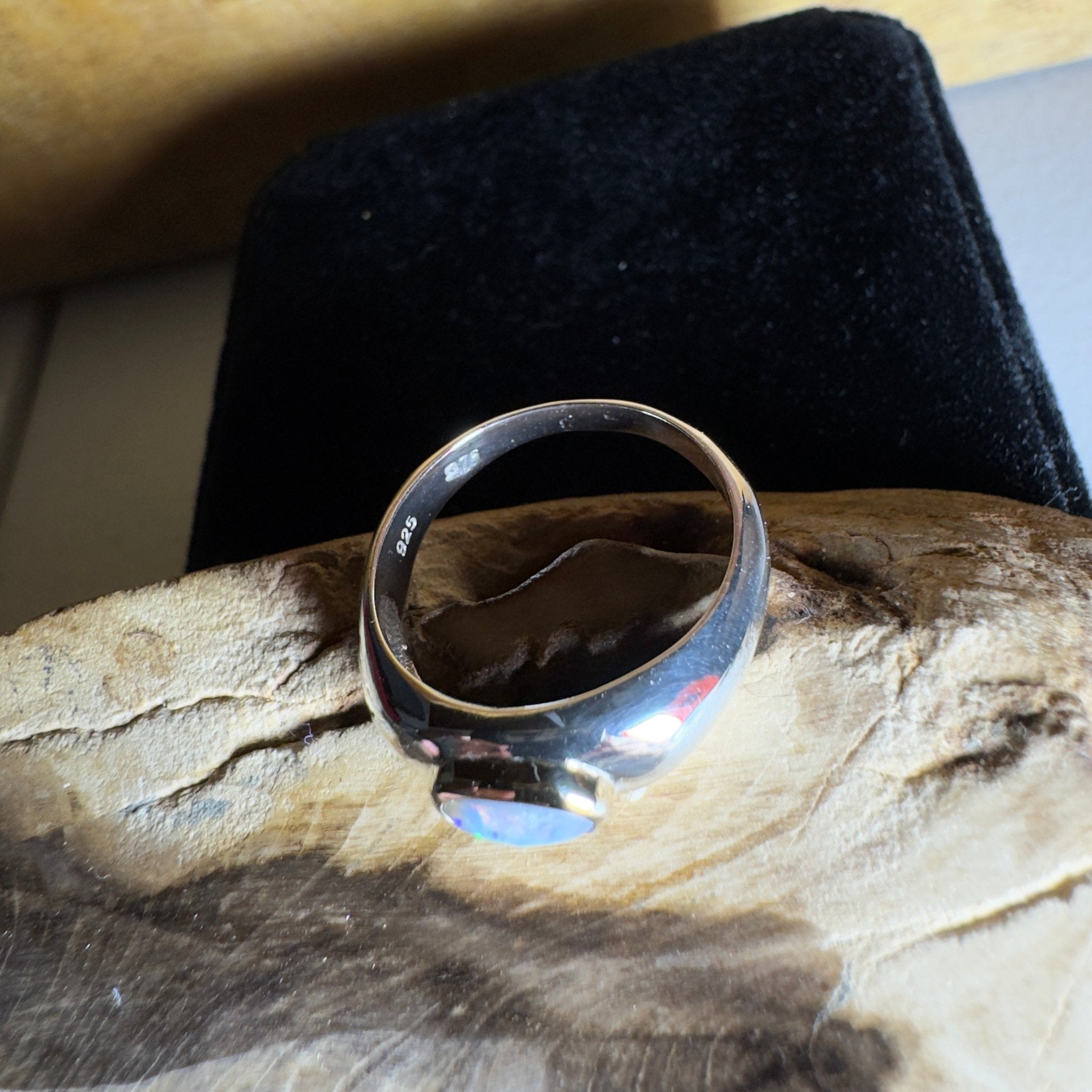 Byron Tides - 0.6ct Solid Lightning Ridge Semi Black Opal Two - Tone 9ct Gold & 925 Sterling Silver Ring