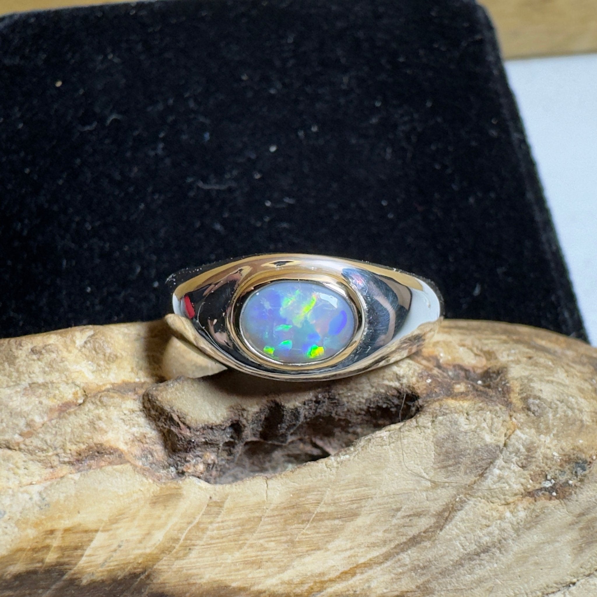 Byron Tides - 0.6ct Solid Lightning Ridge Semi Black Opal Two - Tone 9ct Gold & 925 Sterling Silver Ring